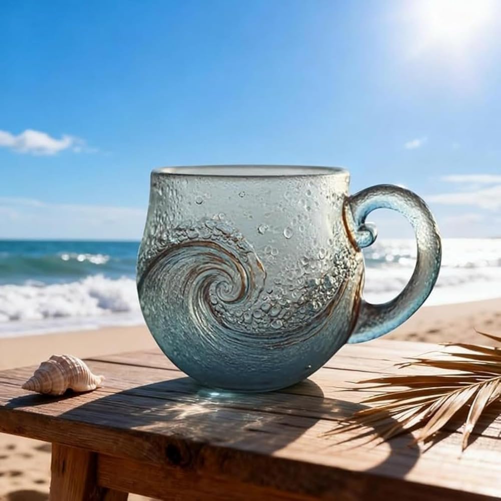 Detalle de WEISIPU Sea Wave Glass Mug – Handblown Sea Glass Wave 12 Ounce Drinkware