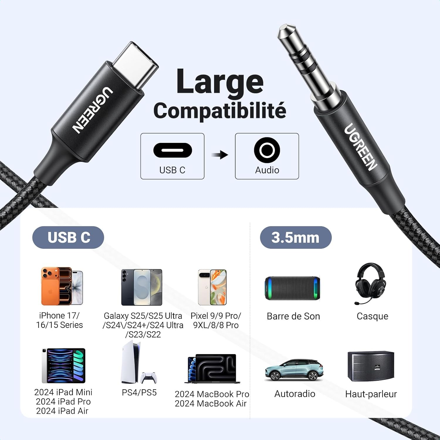 Thumbnail 5 de UGREEN Câble USB-C vers jack 3,5 mm TRS stéréo 1 m avec DAC (noir) pour voiture et appareils compatibles