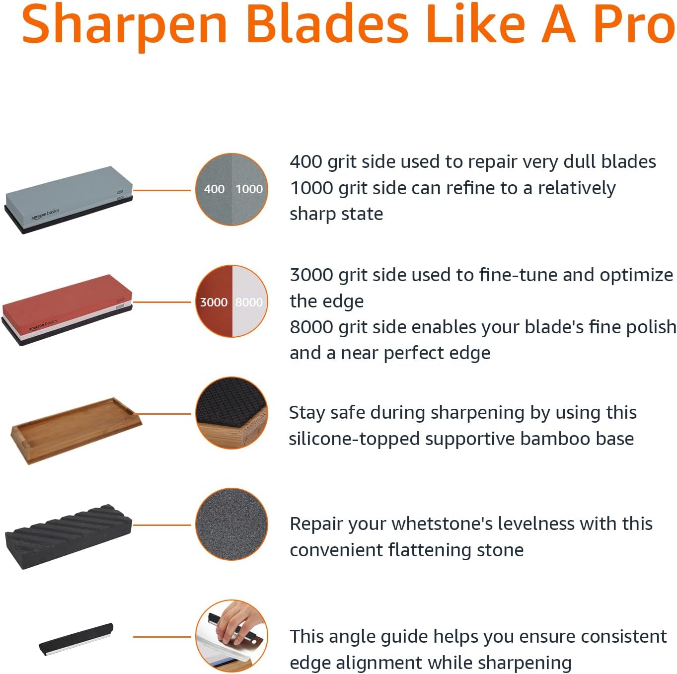 Thumbnail 4 de Amazon Basics Knife Sharpening Whetstone Kit (Dual-Sided 400/1000 and 3000/8000) with Flattening Stone & Non-Slip Bamboo Base