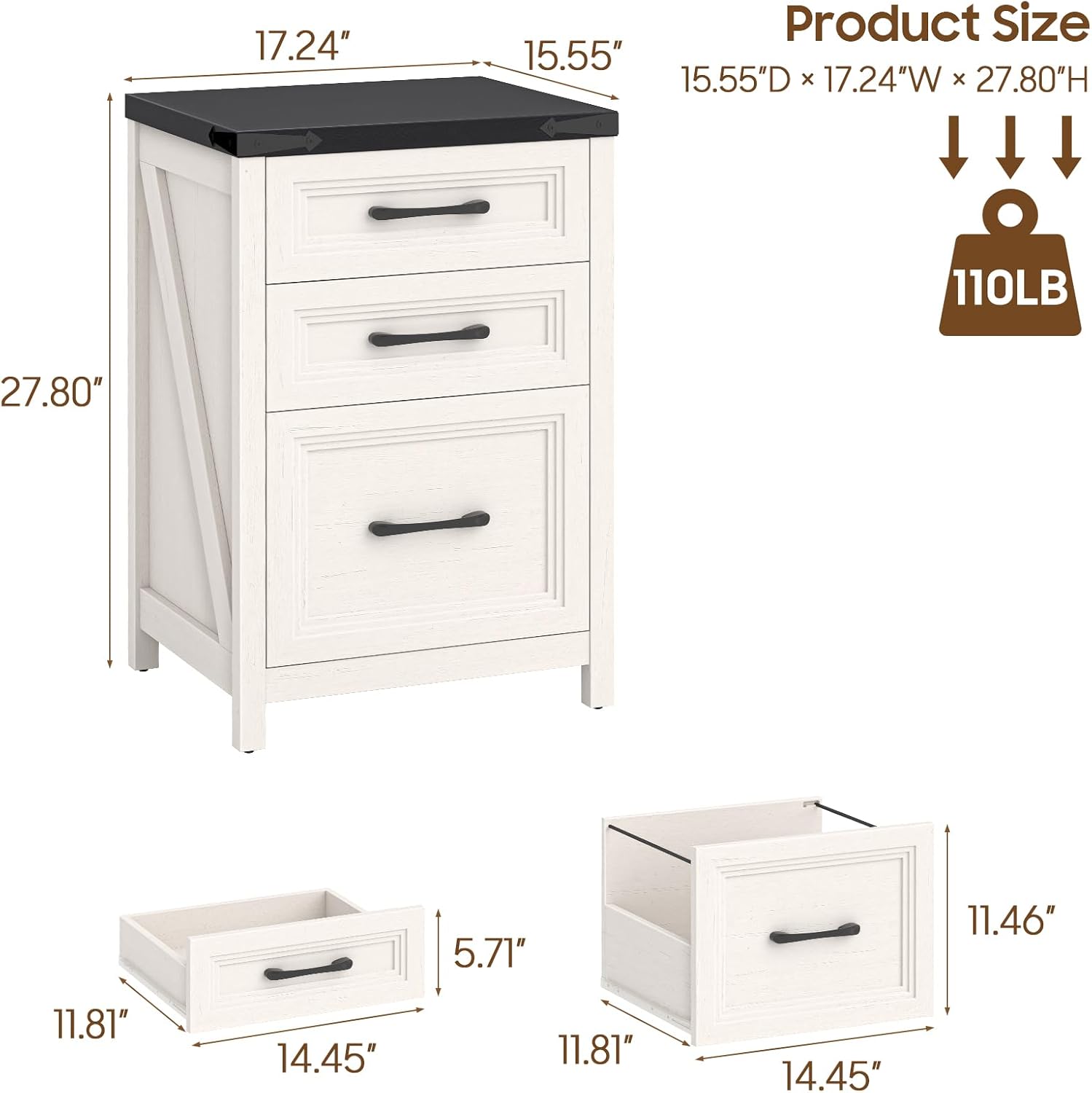 Detalle de Vabches DA0882HB01A 3-Drawer File Cabinet, White and Black Farmhouse Style