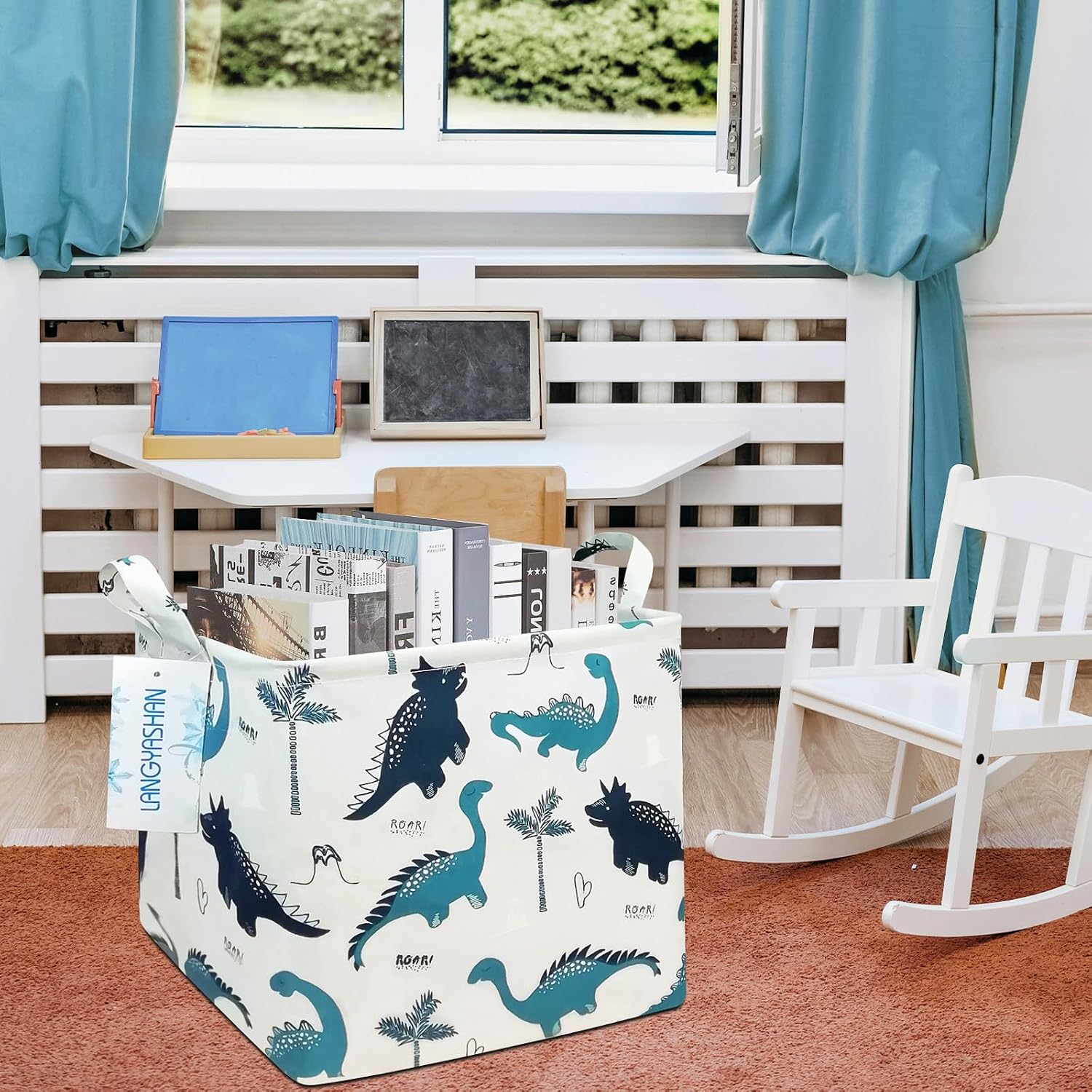 Detalle de LANGYASHAN Square Dinosaur Canvas Storage Basket, Foldable with Handles