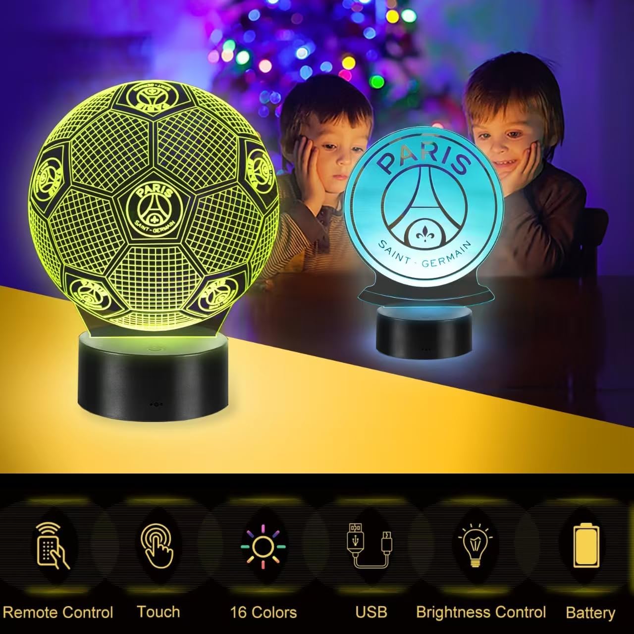 Detalle 2 de Veilleuse 3D Paris Football LED pour enfants avec télécommande et 16 couleurs