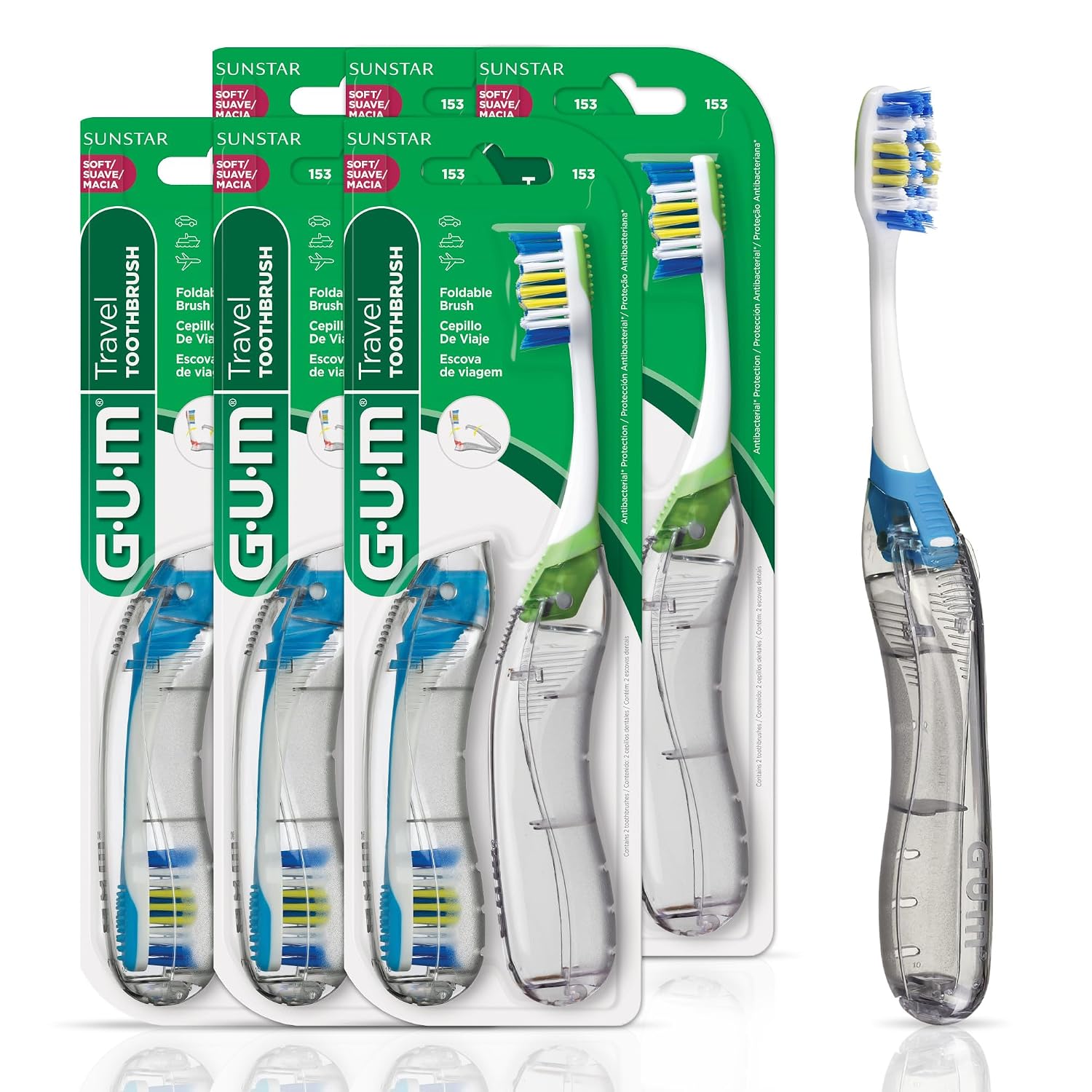 Detalle de GUM(ガム)折りたたみ式トラベル歯ブラシ 3つ折り・やわらかめ、舌クリーナー付き 12本セット