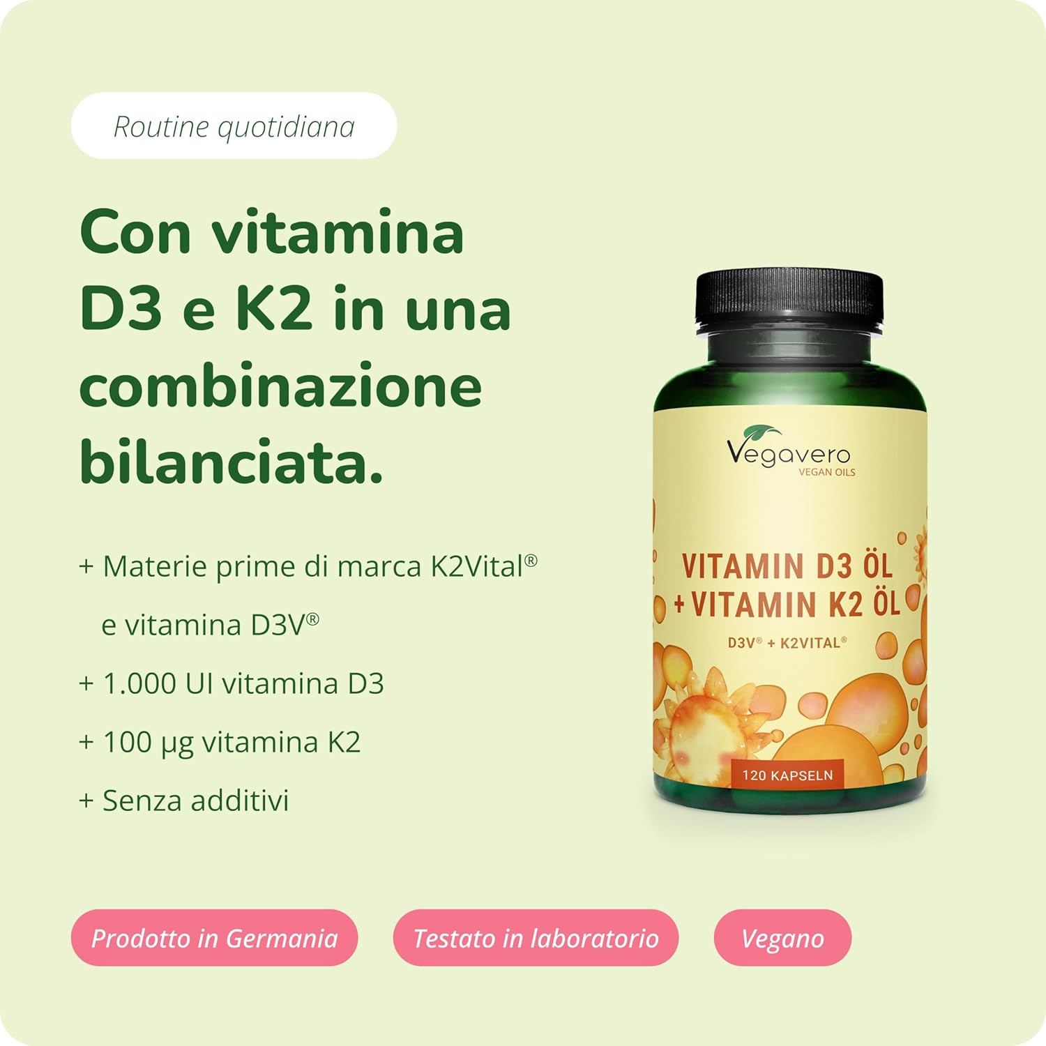 Detalle de Vitamina D3 + K2 MK7 VEGAN di Vegavero – 120 capsule, alta biodisponibilità e formula cruelty-free