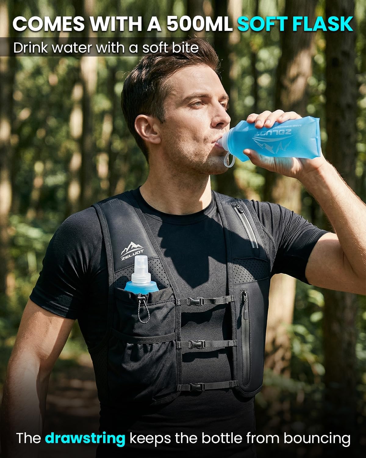 Detalle de Zelvot Running Hydration Vest with 500 mL Soft Flask, 6 Pockets and Reflective Details