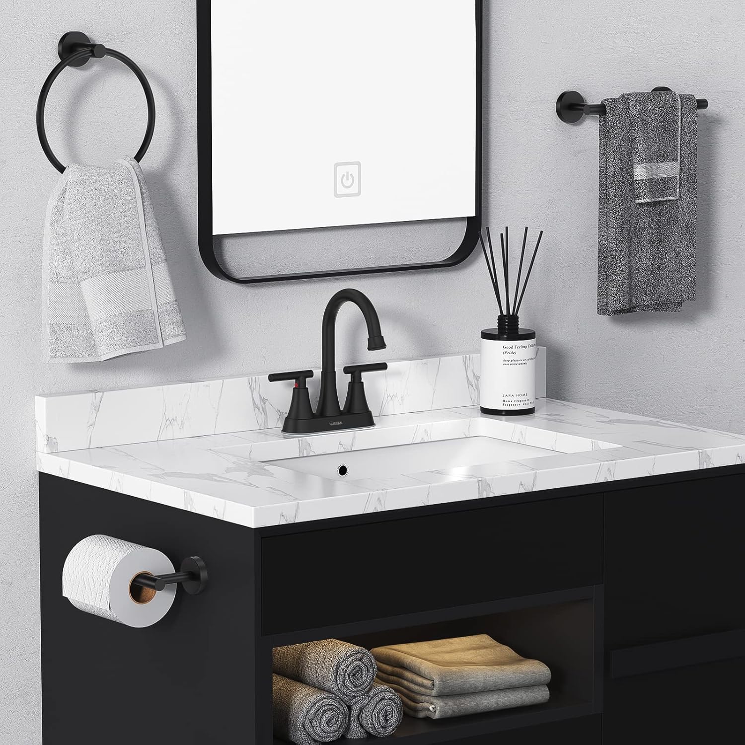 Detalle de Hurran 4-Inch Centerset Matte Black Bathroom Faucet (3-Hole Sink) with Pop-Up Drain and Supply Hoses
