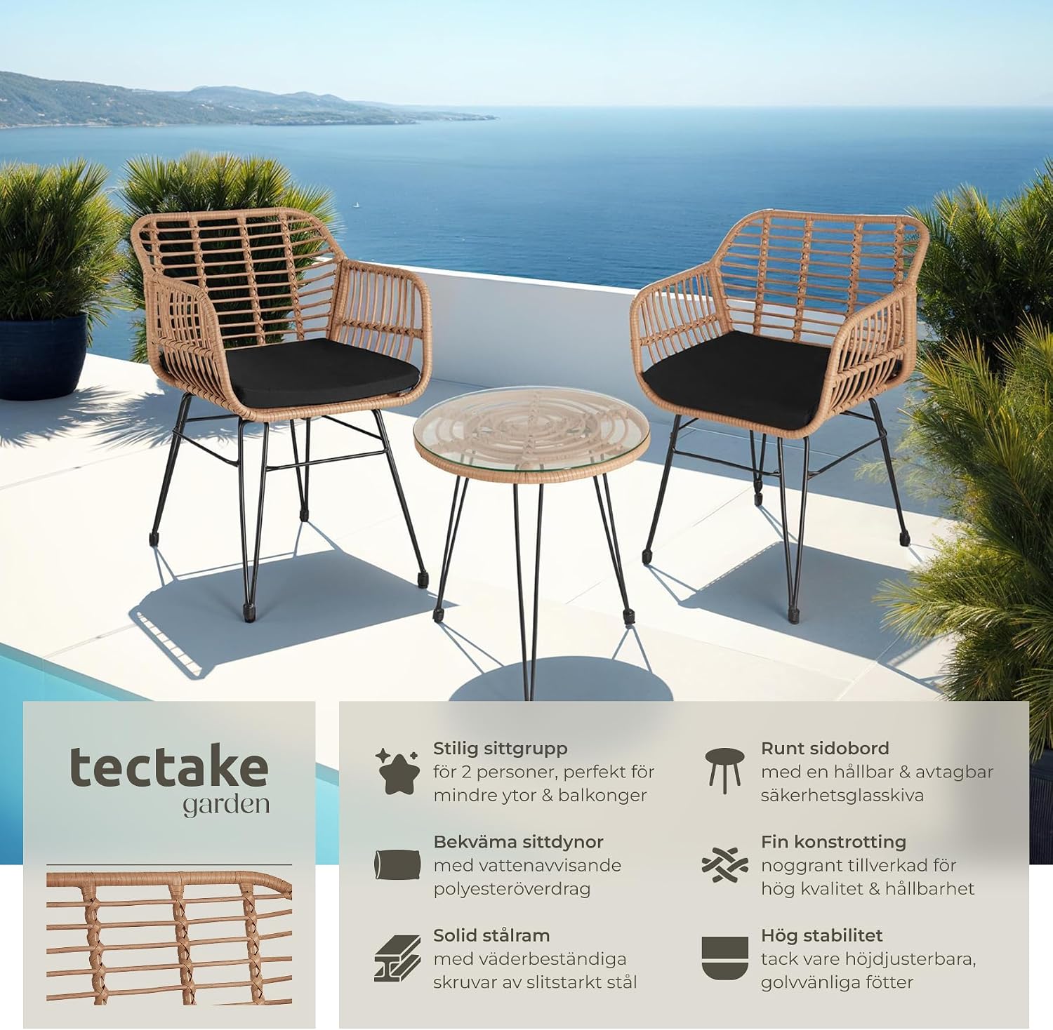 Detalle 2 de tectake 403558-SE caféset i konstrotting med två stolar och bord i glas