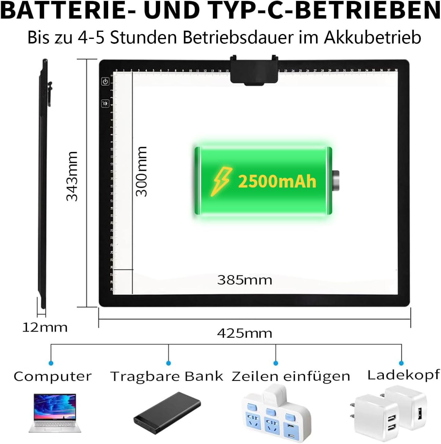 Detalle 2 de elice Leuchttisch A3 wiederaufladbar mit Ständer/Clip – LED-Lightpad für Diamond Painting, Zeichnen & mehr