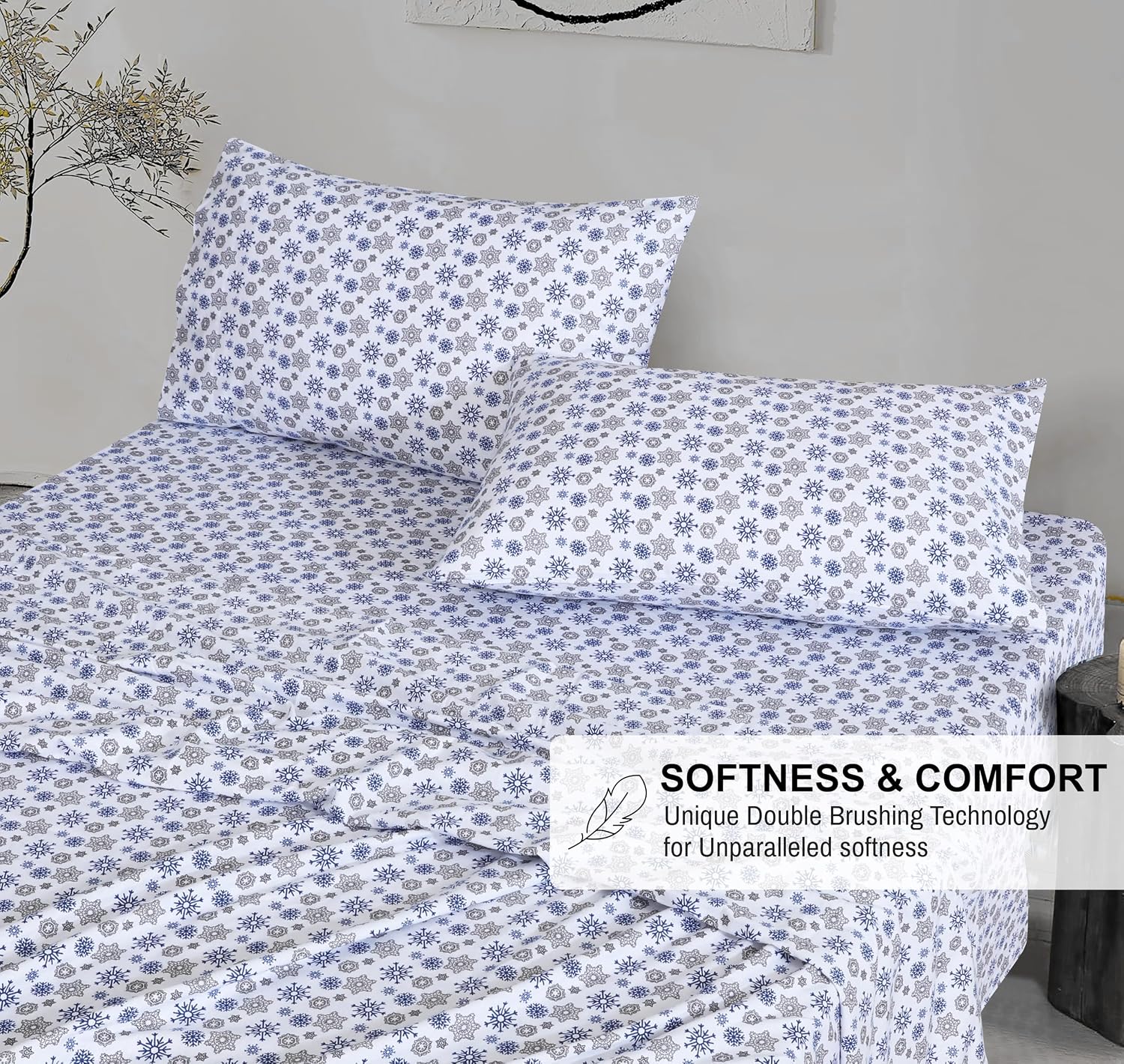 Detalle 2 de RUVANTI 6T-613L-DYLH Full Flannel Sheet Set, 100% Cotton, Snow Flake Grey