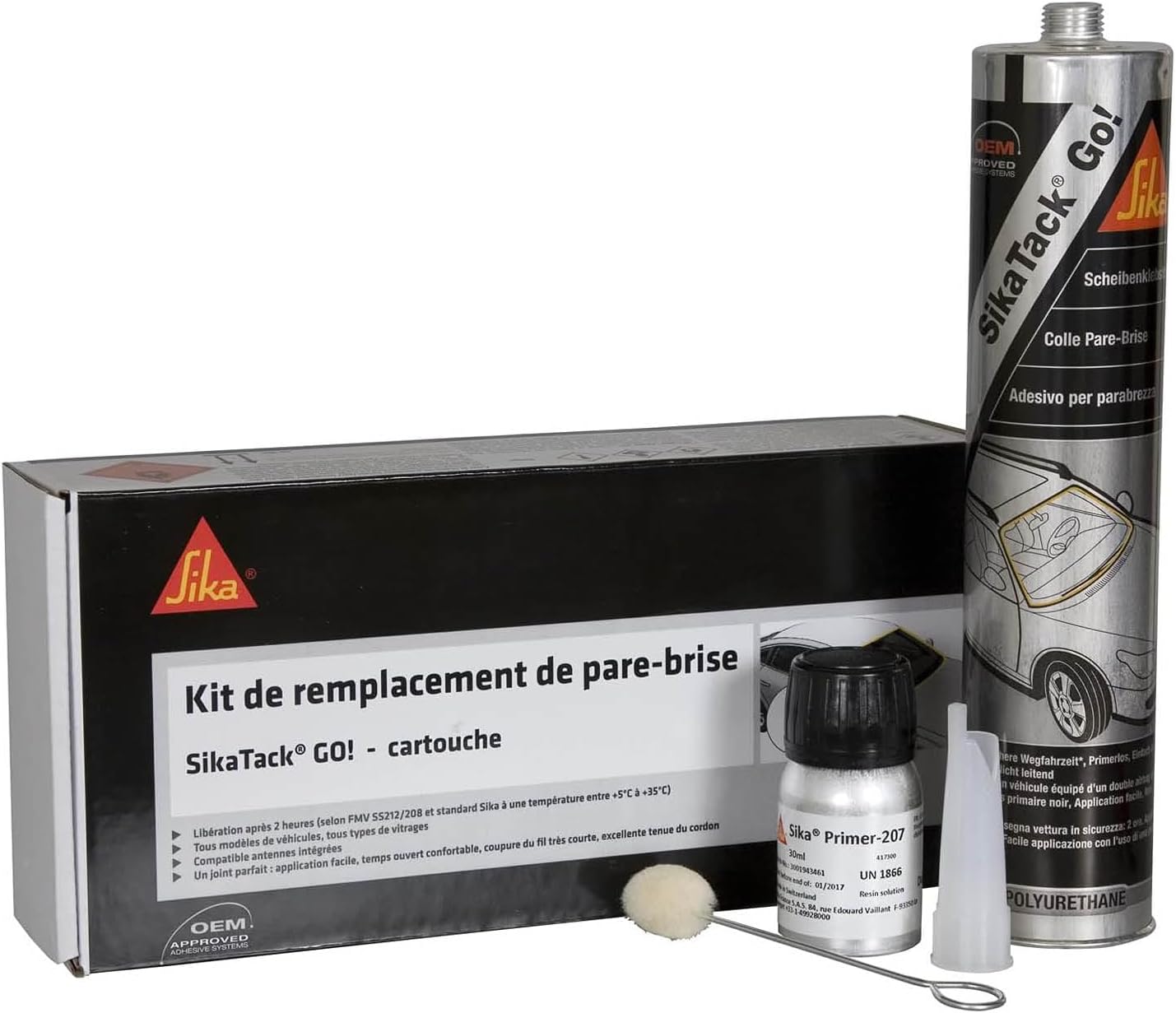 Detalle de SikaTack Go: Kit de remplacement de pare-brise tout-en-un, séchage rapide en 2 heures