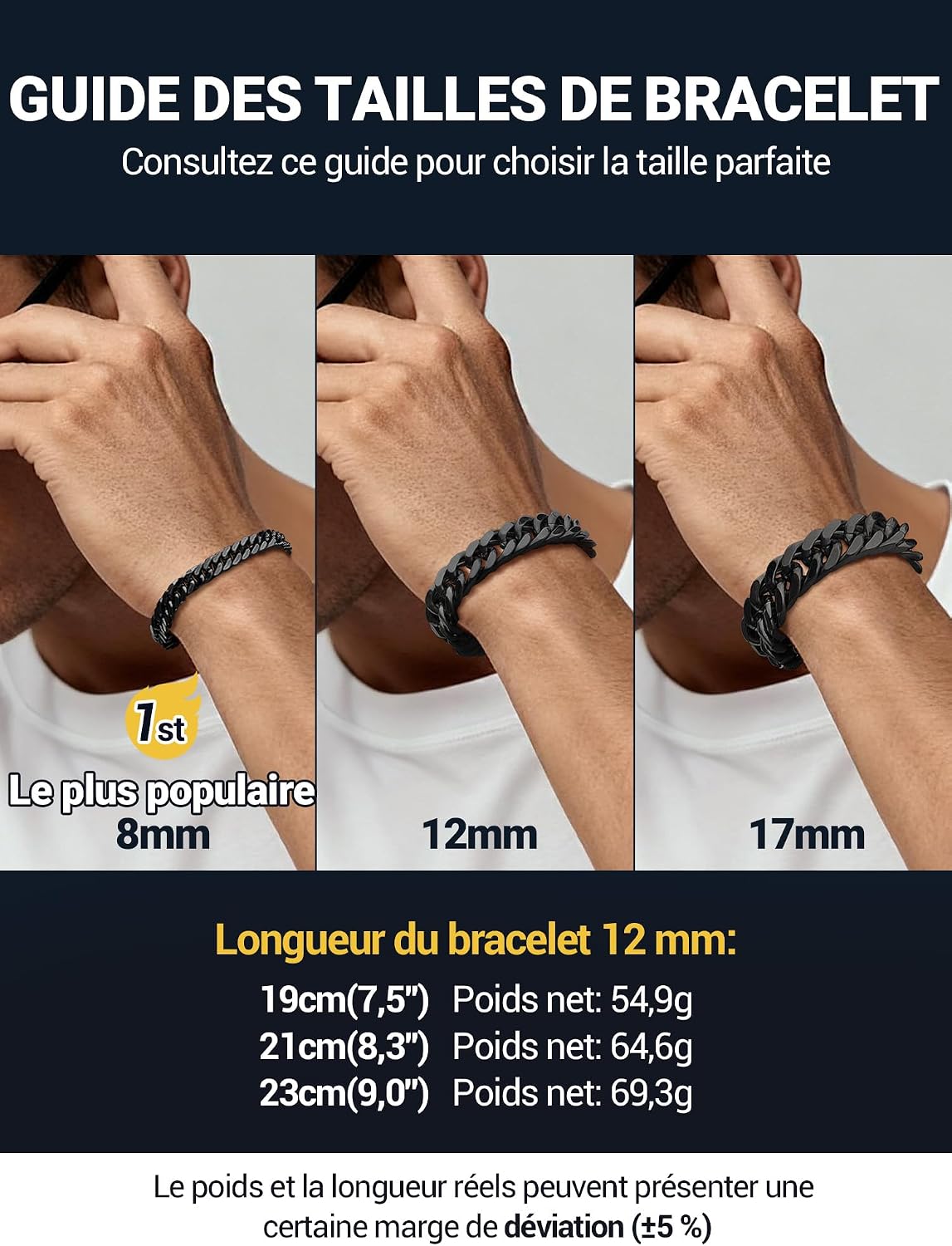 Detalle de PROSTEEL Gourmette homme en acier inoxydable 316L (19, 21 ou 23 cm) plaqué or/noir, maillons larges