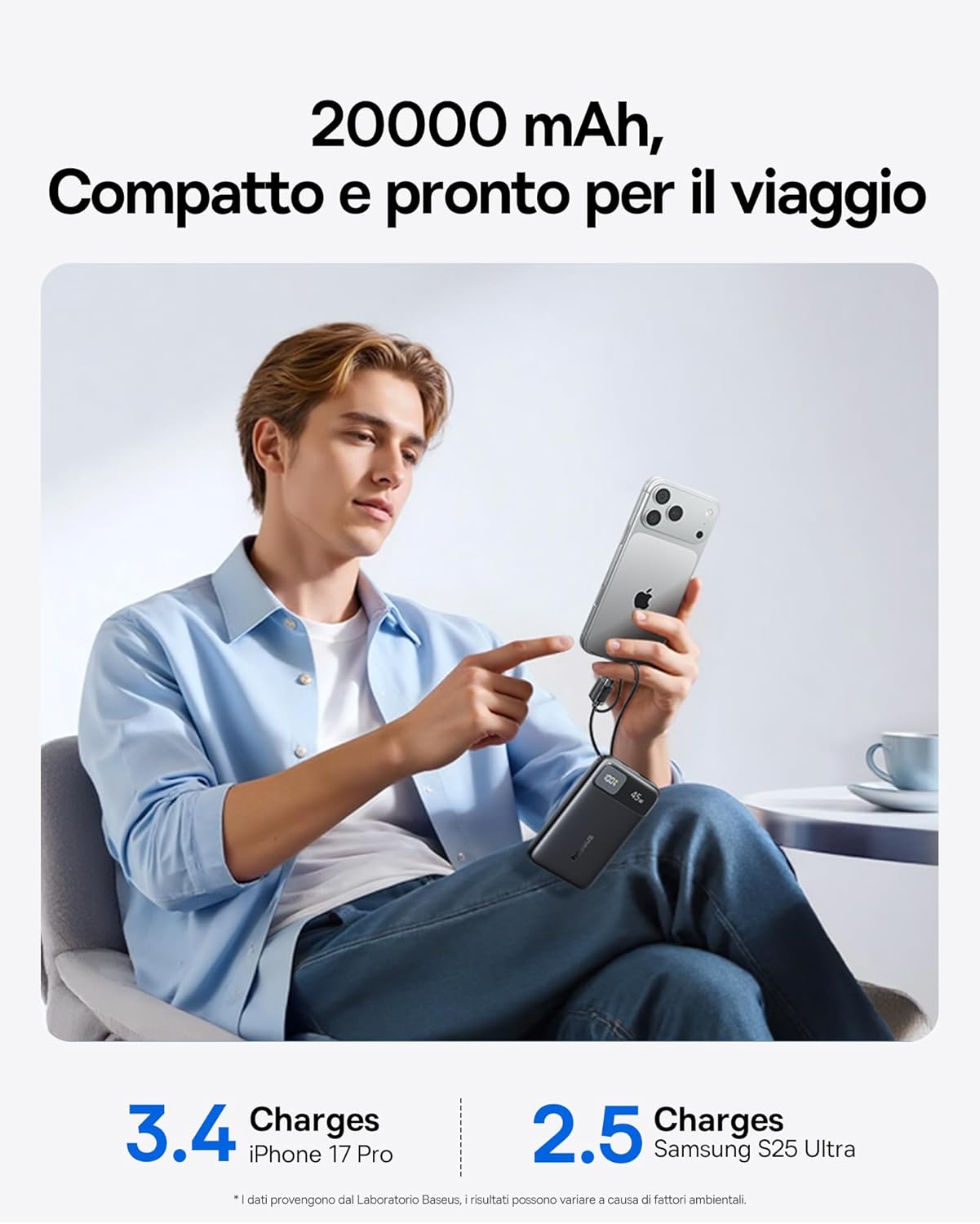 Thumbnail 2 de Baseus FC11 Powerbank 45W 20000mAh con 2 cavi USB-C integrati