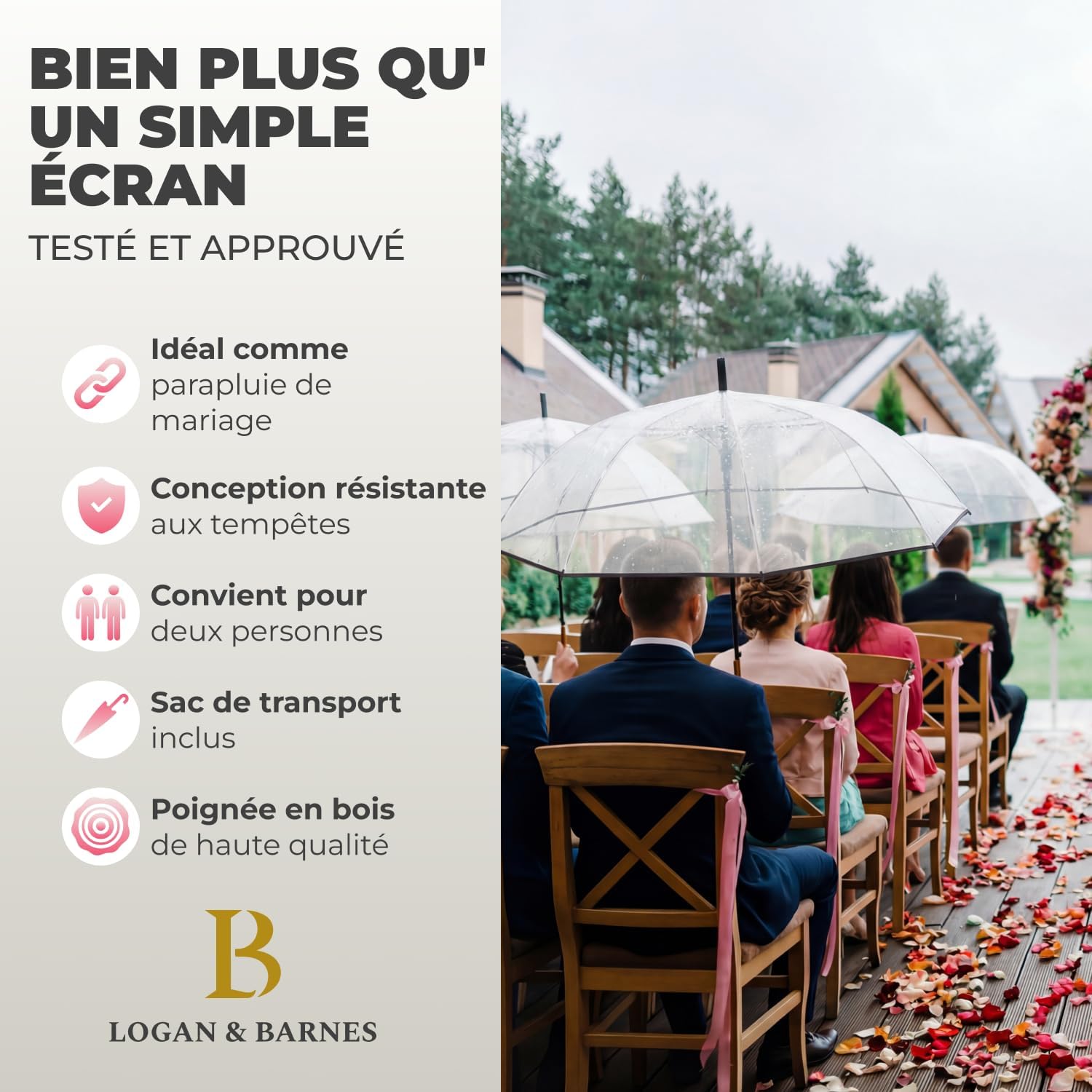 Thumbnail 6 de LOGAN & BARNES Parapluie de mariage transparent Cardiff Ø120 cm — XXL, bois véritable, 16 baleines renforcées