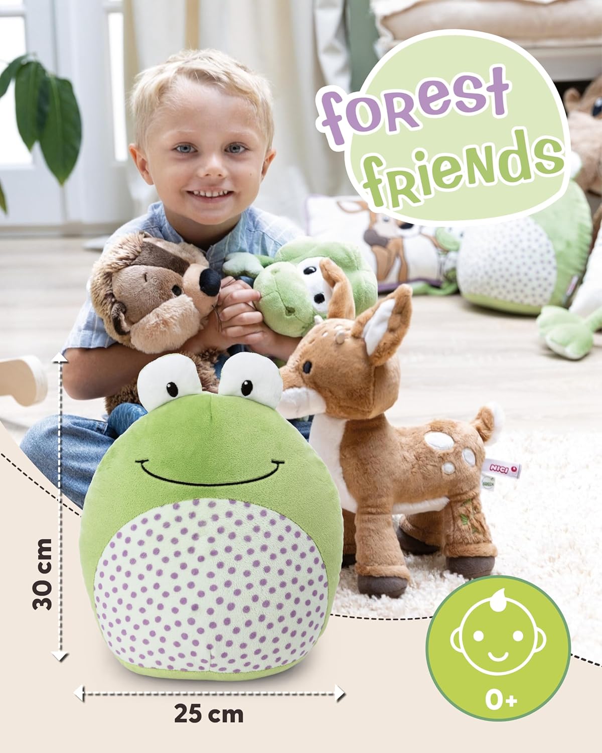 Detalle 2 de NICI Kuscheltier Frosch Fridolin Frog 25x30cm – grün, 3D-Augen, Quak-Faktor – Forest Friends