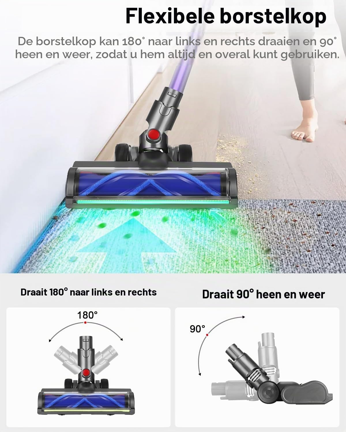 Detalle de Zounin D1-DD elektrische turboborstel met led, 180° draaikop en koolstofvezelborstel