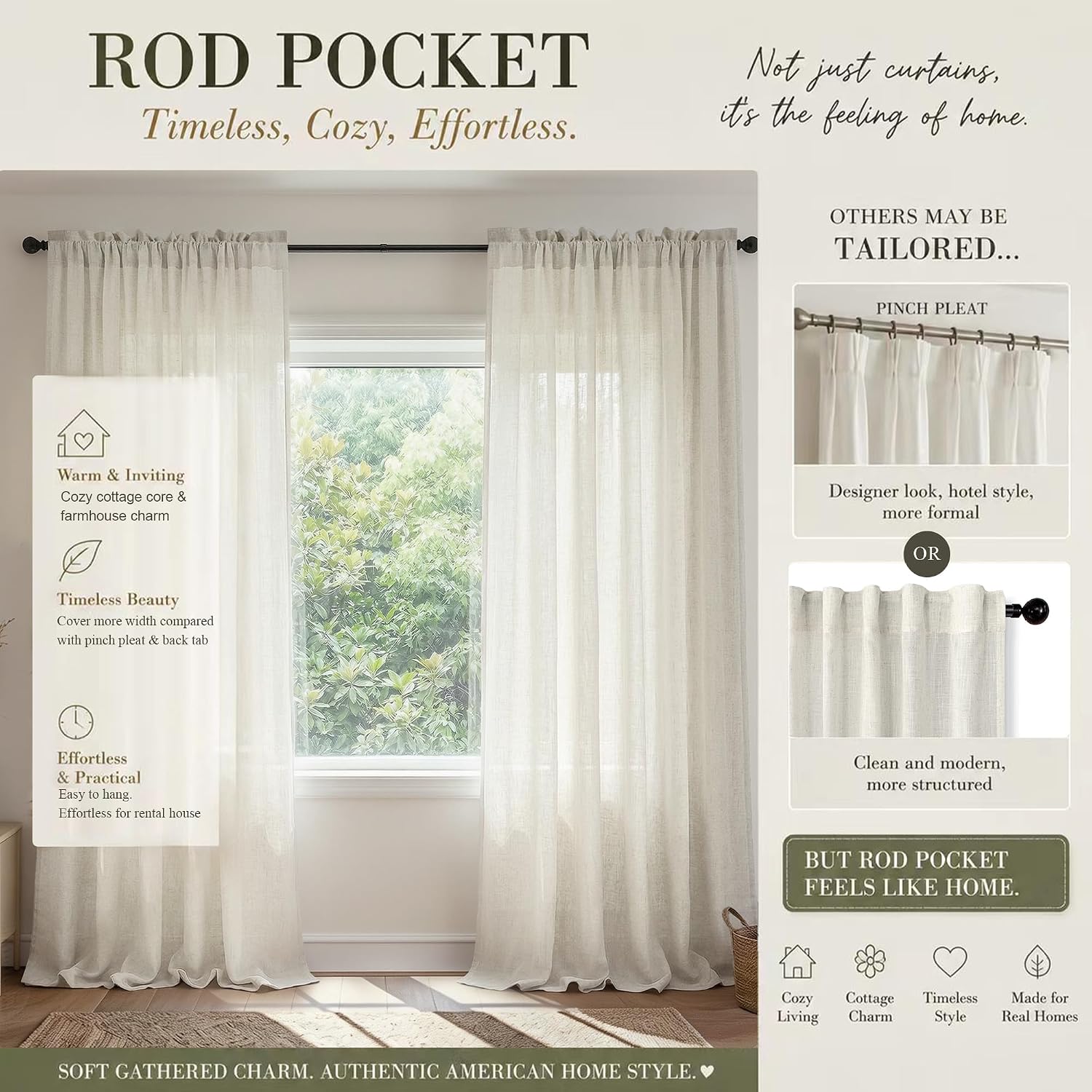 Thumbnail 2 de Mrs.Naturall Linen Curtains 102-Inch Long, 2-Panel Set in Ivory Cream – Light Filtering Semi-Sheer, Rod Pocket