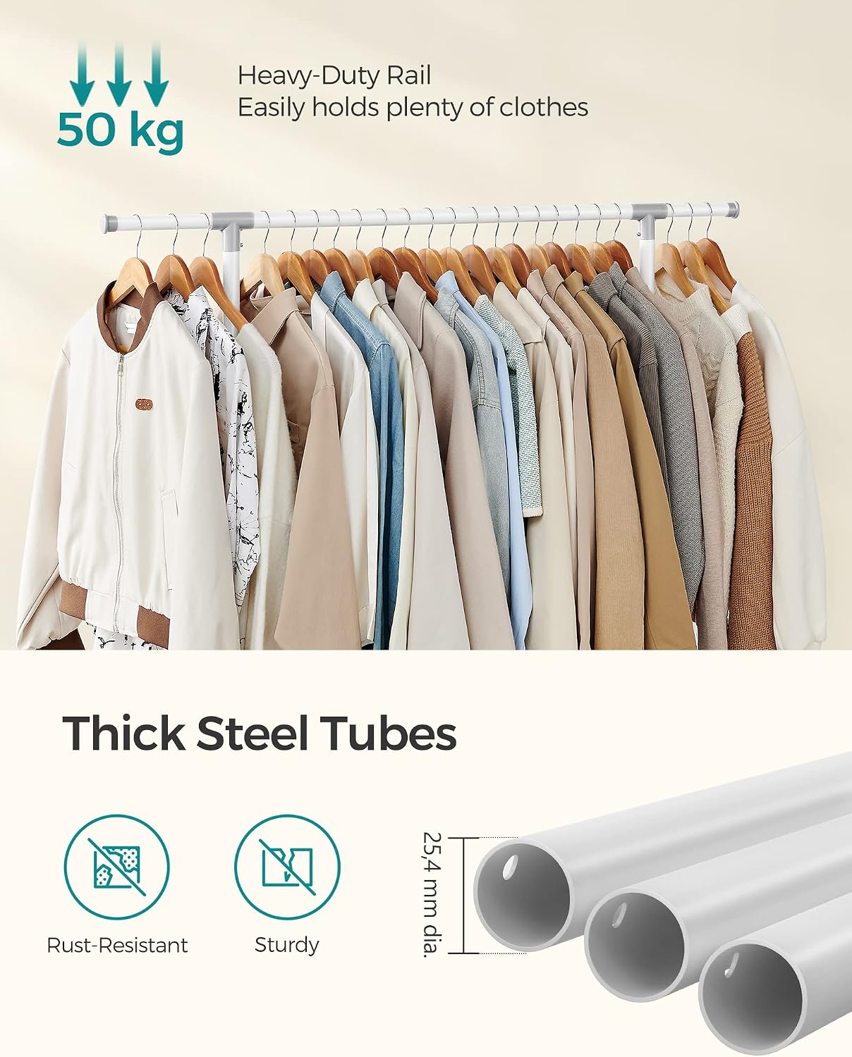 Detalle de SONGMICS Double Clothes Rail LLR401W01 review: practical, mobile garment storage with extendable top rail