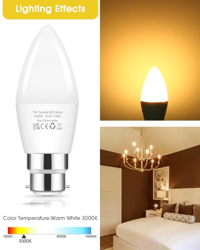 Detalle de Flaspar Bayonet LED Bulbs 60W Equivalent, B22 Candle Bulbs, Warm White, 6 Pack