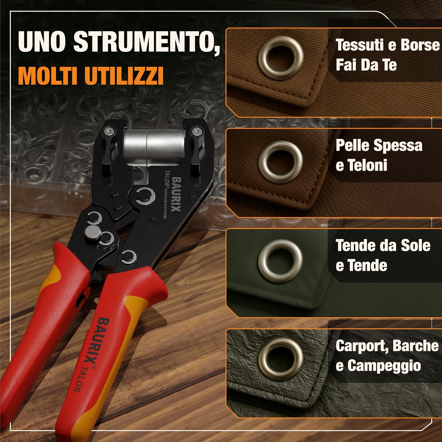 Detalle de BAURIX TALOS Pinza Occhielli Ø10 mm con 200 Occhielli – Autopunzante senza foro, per tessuti