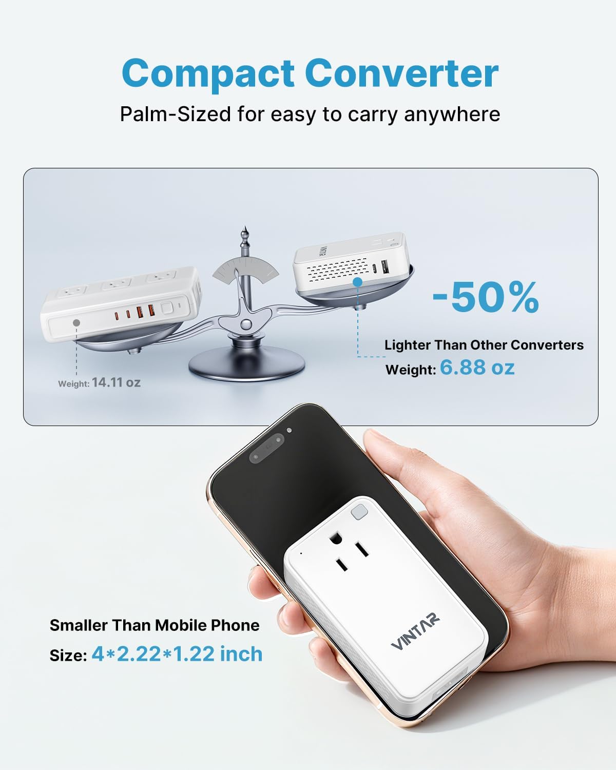Detalle de VINTAR Mini 220V to 110V Travel Converter (200W) – 4-in-1 Universal Adapter