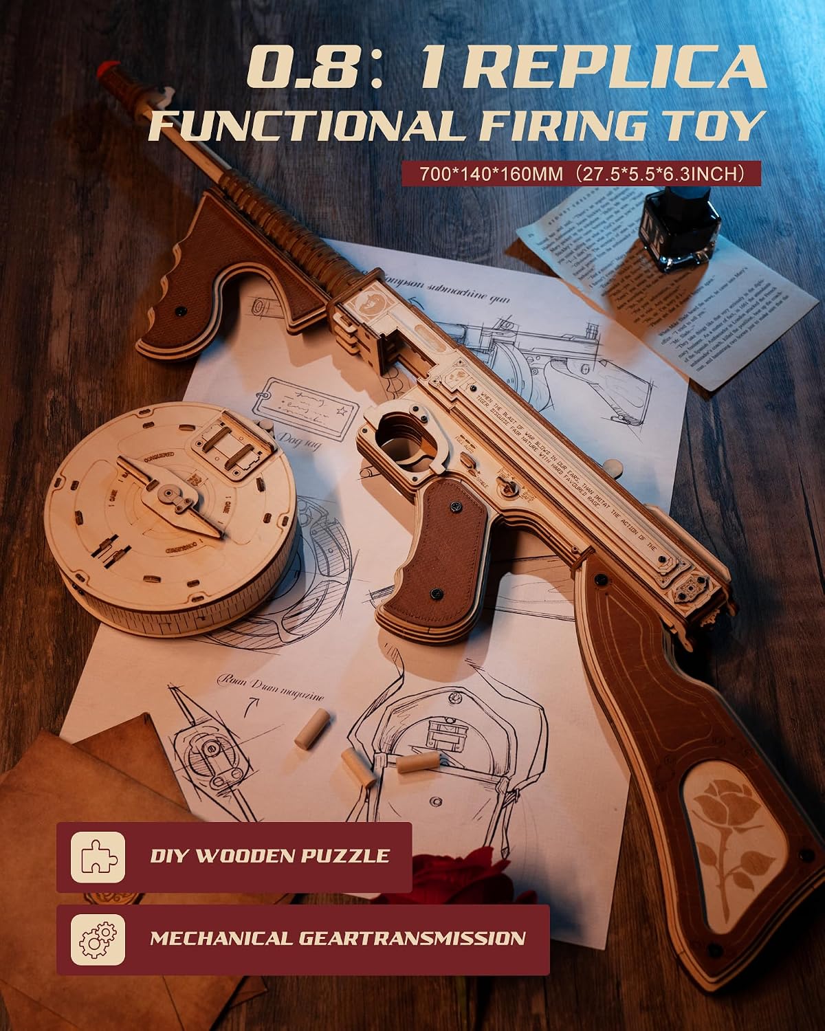 Detalle 2 de ROBOTIME Puzzle 3D in legno “Fucile Thompson” con elastico e obiettivi, modellismo da montare