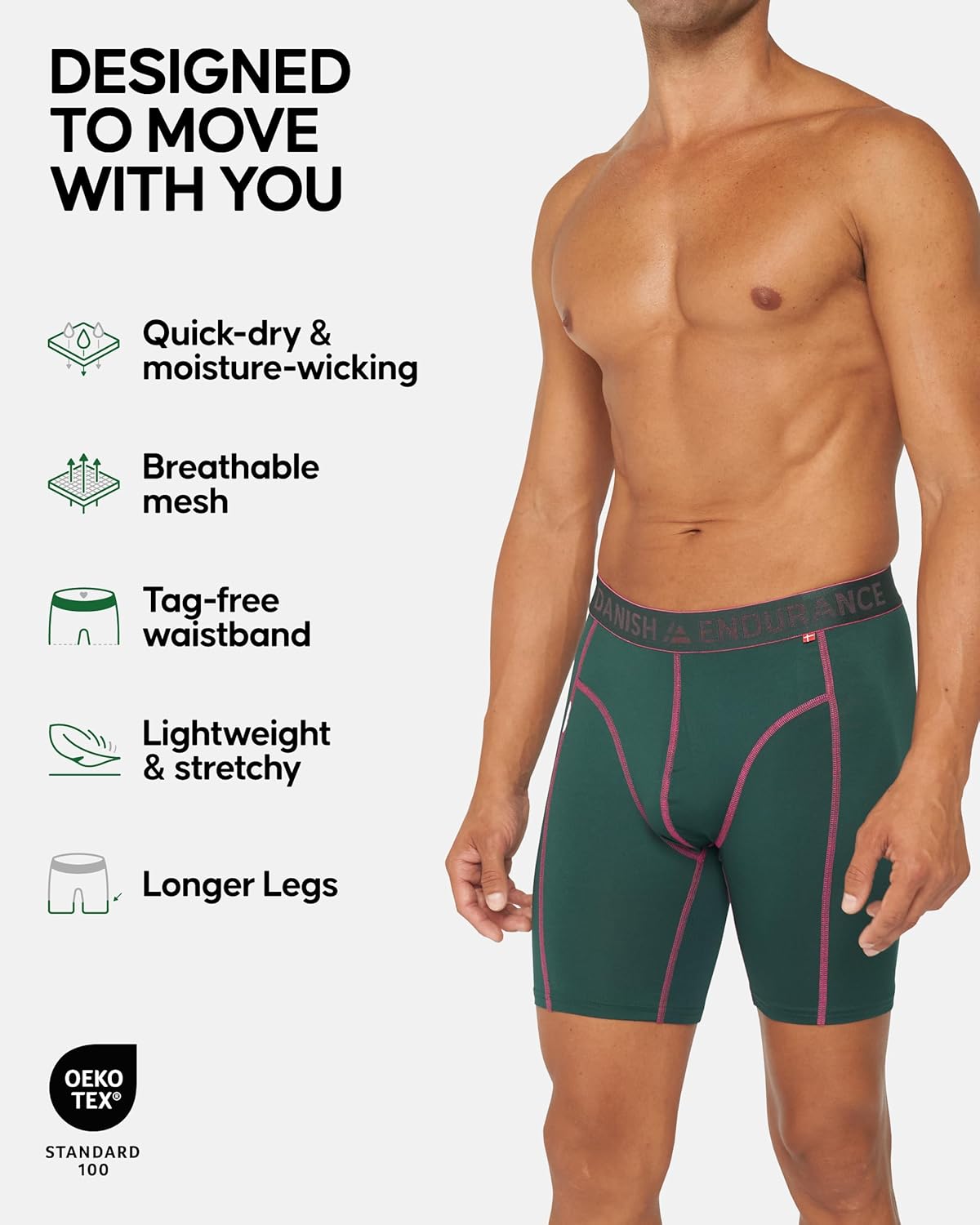 Thumbnail 1 de DANISH ENDURANCE Mens Boxers: Anti-Chafing, Moisture-Wicking Long Leg or Regular fit (6 Pack)