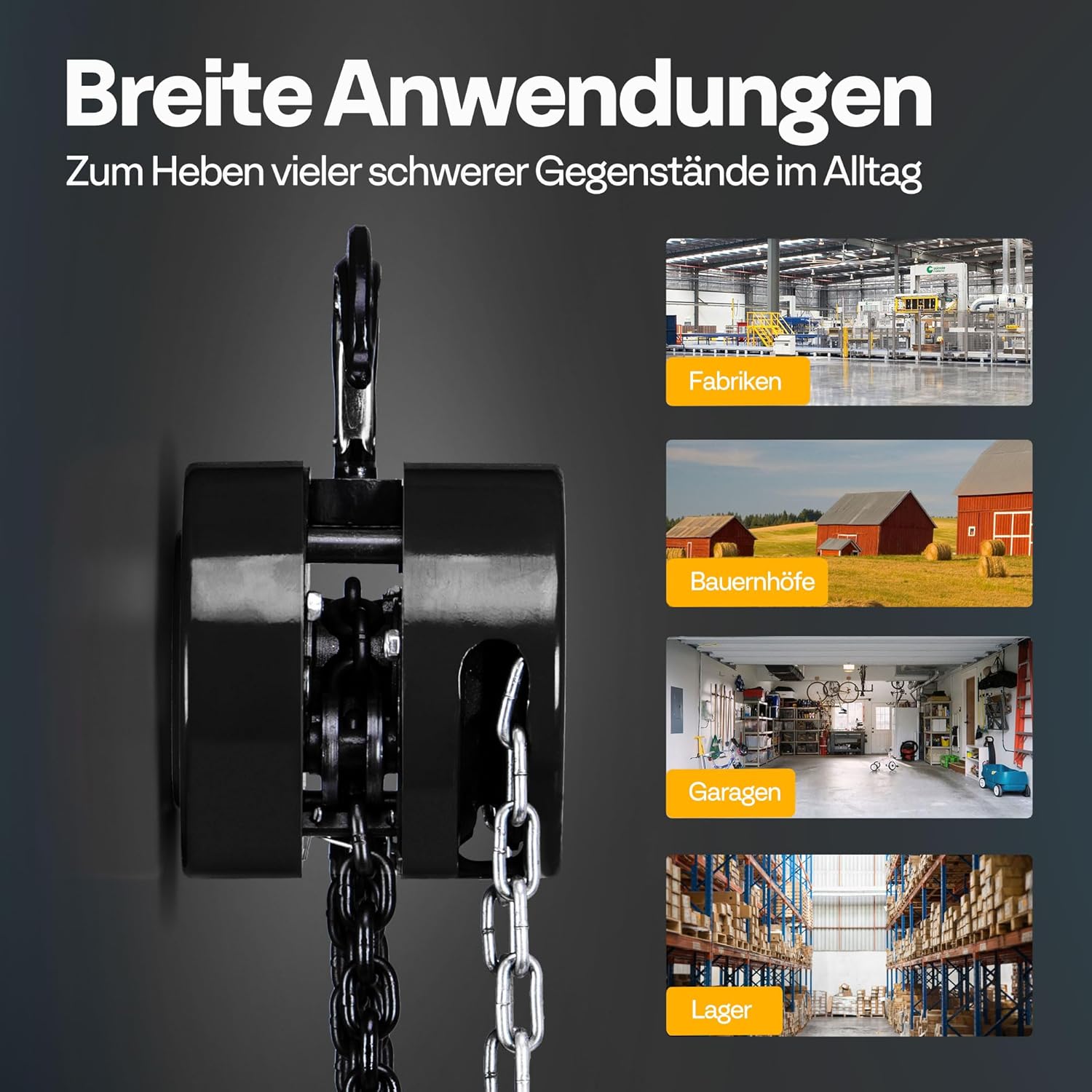 Detalle de SPECSTAR Handkettenzug 2000 kg – 3 m Hubhöhe, 2 Schwerlasthaken, manueller Kettenzug