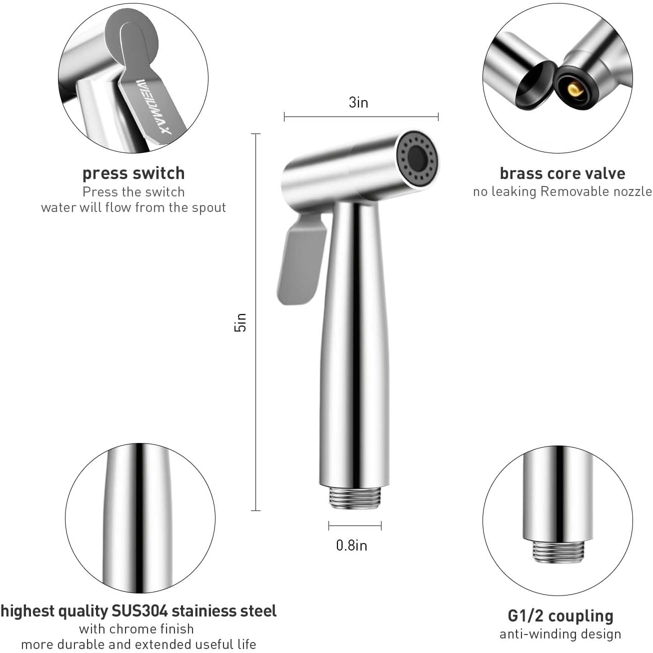 Thumbnail 1 de WEIDMAX Bidet-Handbrause aus Edelstahl mit 49-Zoll-Schlauch und Halterung inkl. T-Adapter (G1/2–3/8)