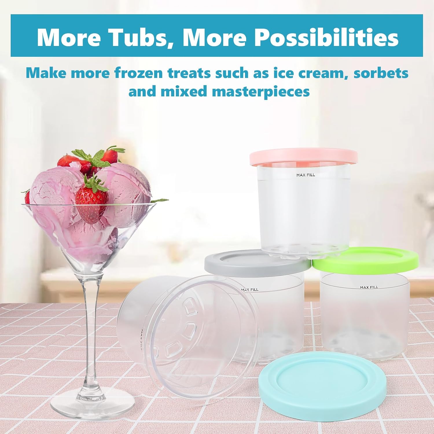 Detalle de Nepfaivy 4-Pack Ice Cream Tubs for Ninja CREAMi (NC300UK/NC299AMZ/NC301) – BPA-Free, Colour-Lid, Dishwasher Safe