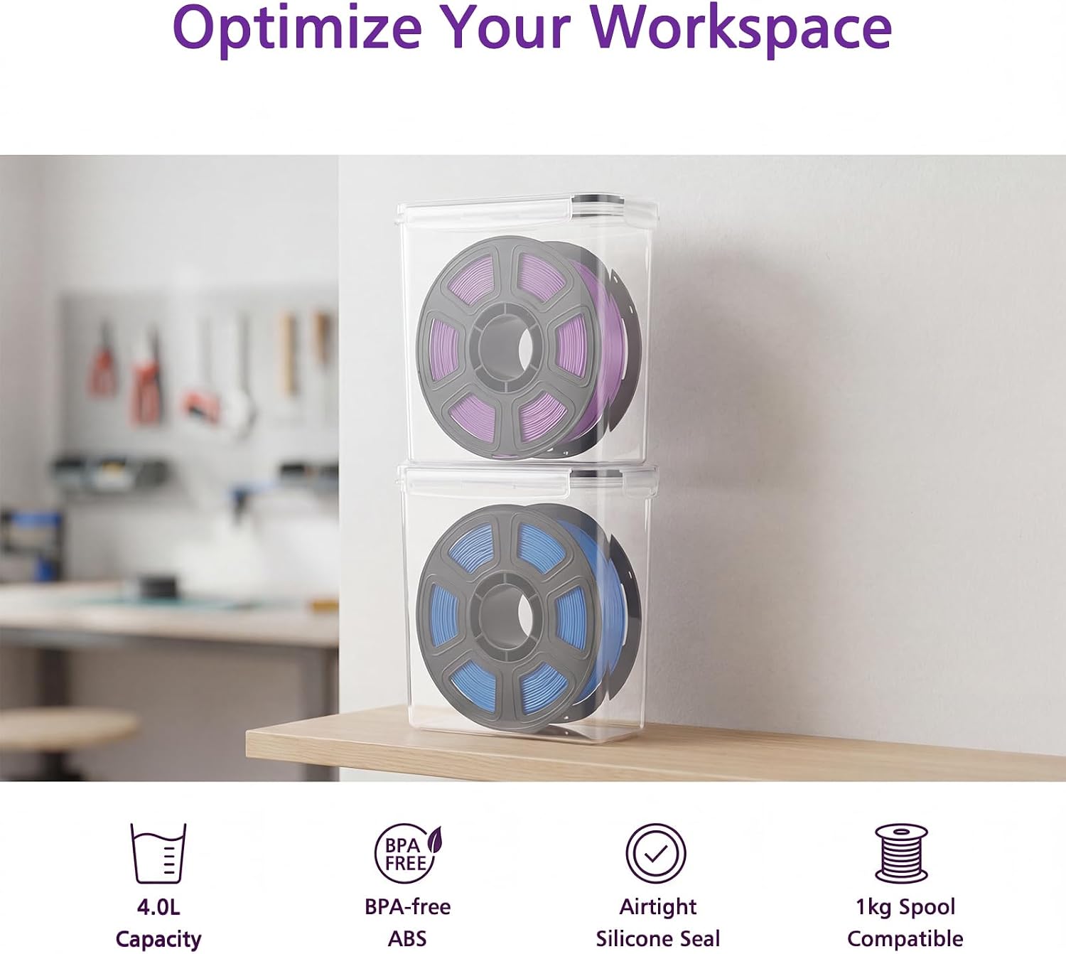 Detalle 1 de Withosent Filament Box 4er Pack – pojemniki na filament 3D 4,0 l z osuszaczem i etykietami