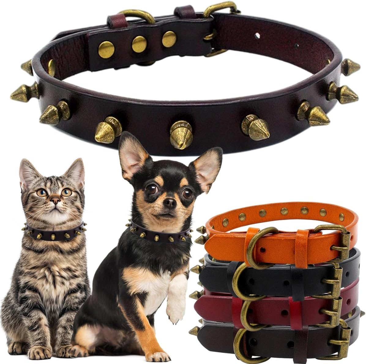 Thumbnail 6 de Spiked leather dog collar with rivet studs and adjustable buckle (black) for small to large dogs