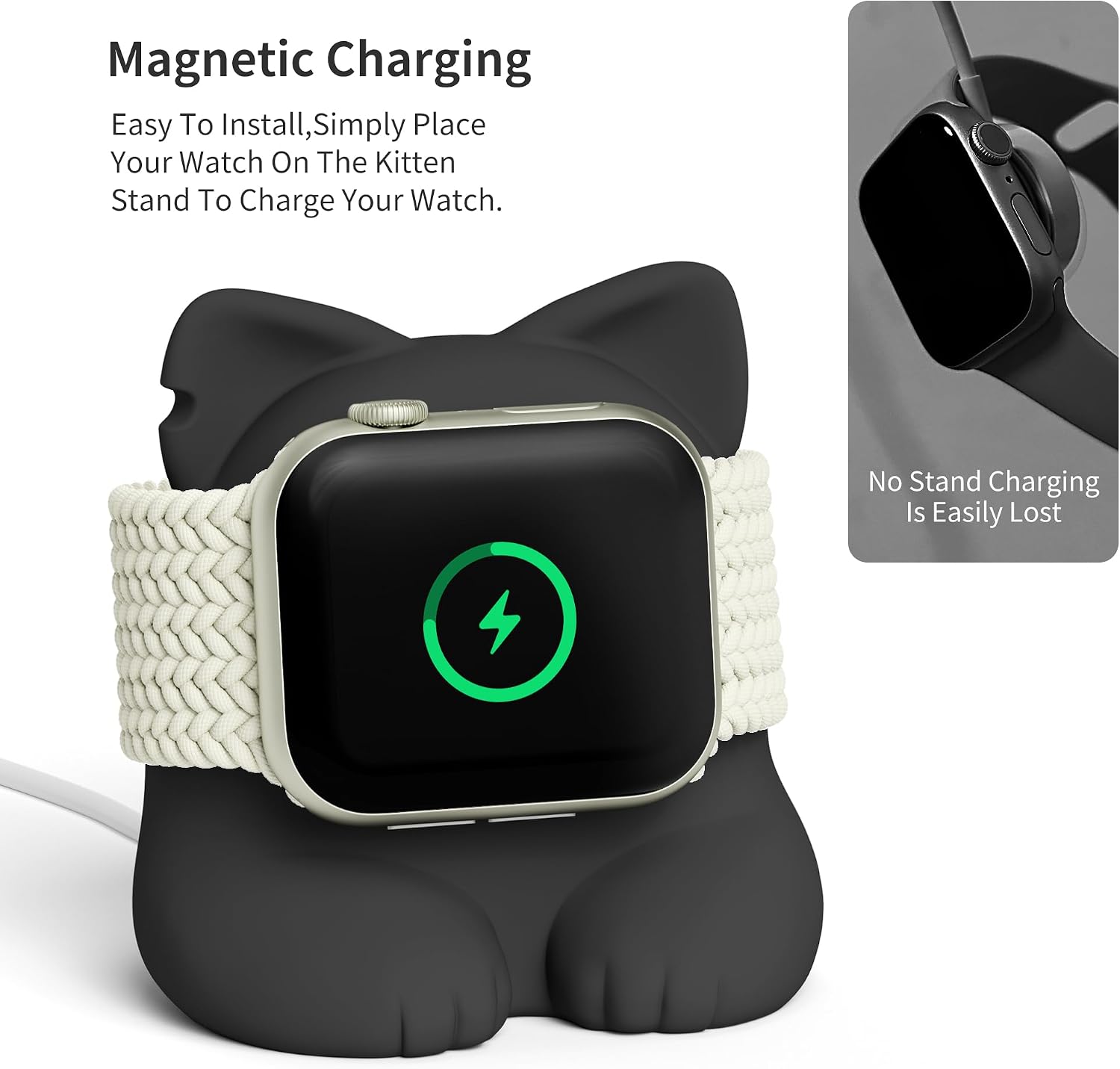 Detalle 2 de ELETIUO Watch Charger Stand (Silicone) for Apple Watch Series 49–38mm – Black kitten bedside dock