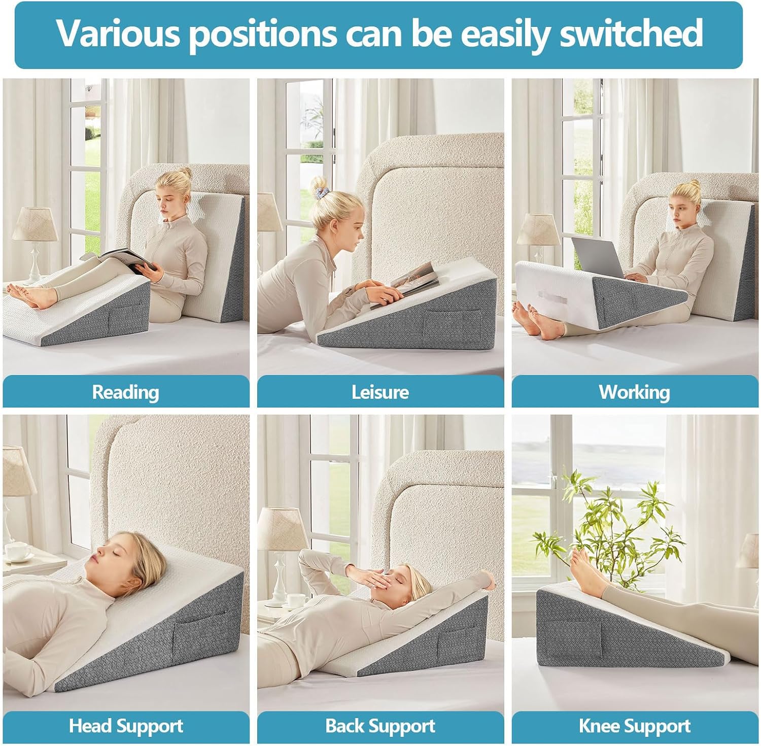 Thumbnail 1 de Nordjager Wedge Pillow for Sleeping & Resting (24" x 24" x 7.5"): Supportive Memory Foam Cushion with Grey/White Cover