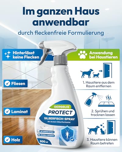 Detalle de Gerobug Silberfisch-Spray mit Sofortwirkung 500 ml – effektiver Schutz gegen Silberfische und Papierfische
