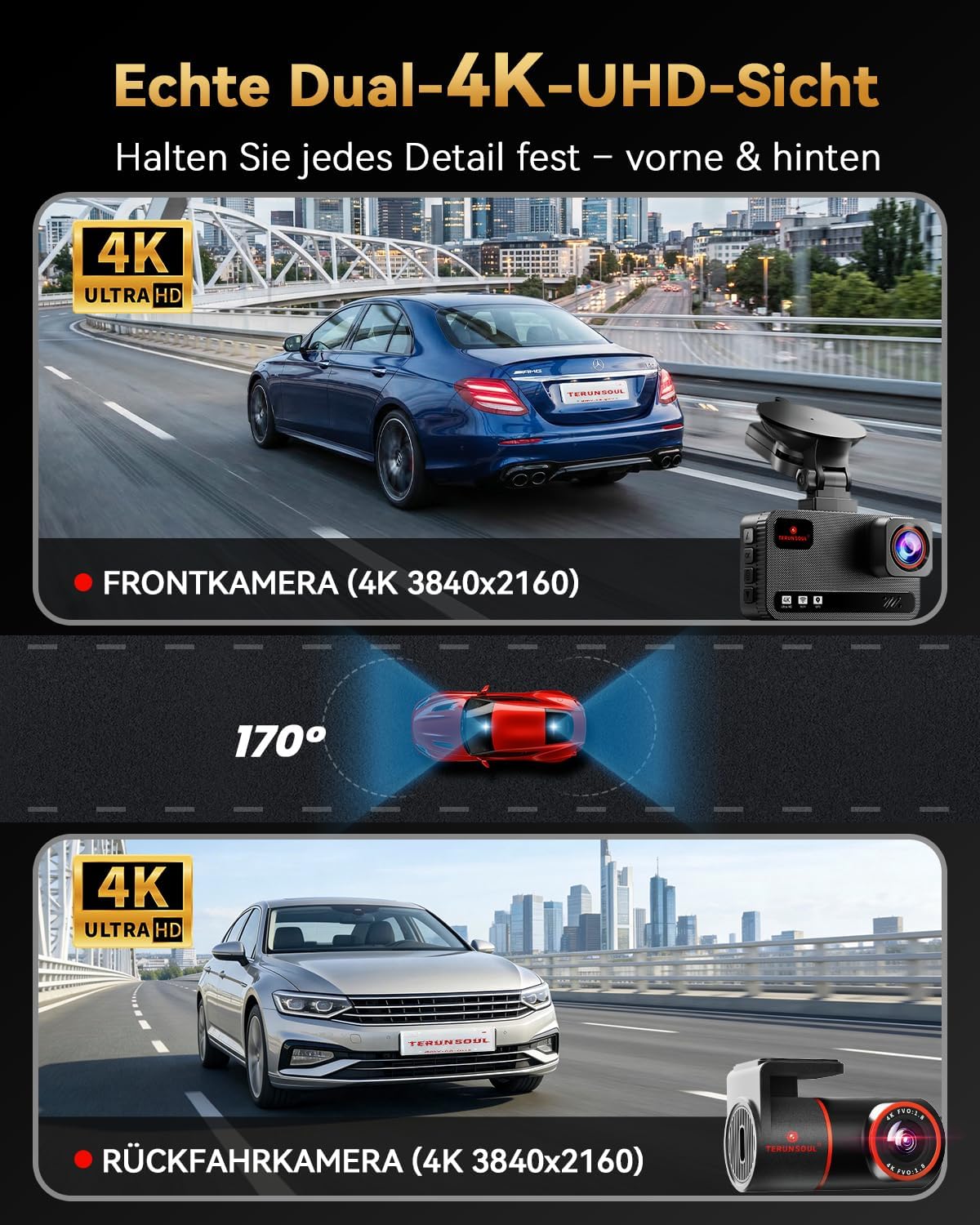 Thumbnail 1 de TERUNSOUl Dashcam Auto 4K+4K mit 128GB, GPS & WLAN – Front & Heckkamera