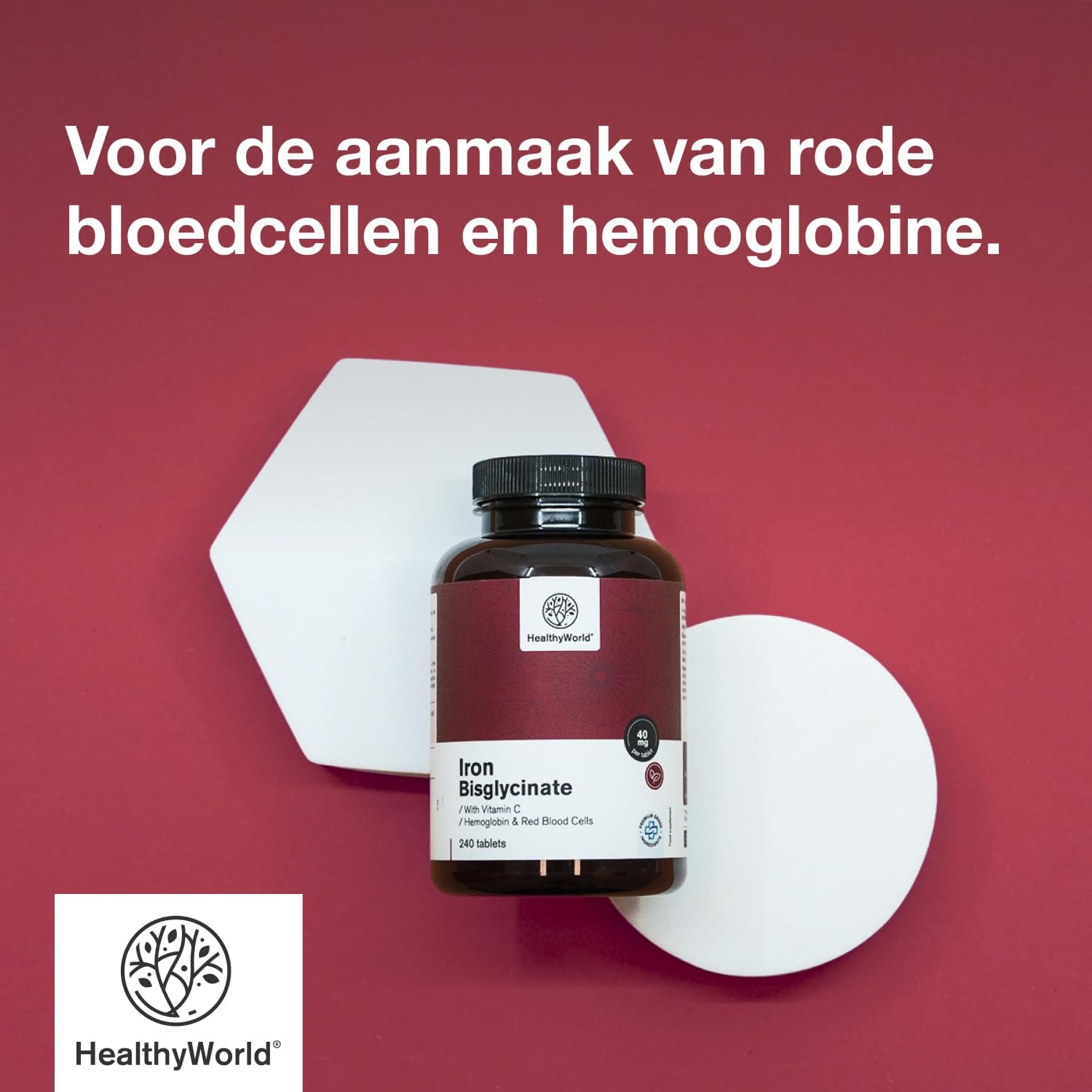 Detalle 1 de HealthyWorld IJzer Bisglycinaat tabletten 40 mg met vitamine C, 240 stuks