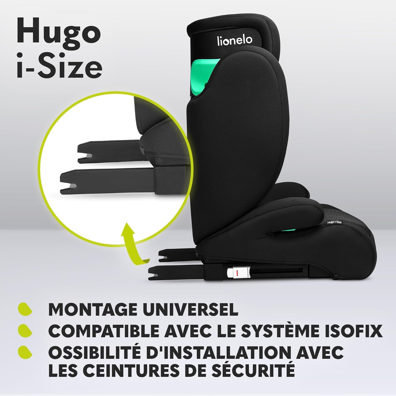 Detalle 2 de LIONELO Hugo i-Size Rehausseur Voiture Enfant G2/3, 100–150 cm, ISOFIX, Memory Foam, réhausseur avec appui-tête réglable et protection latérale