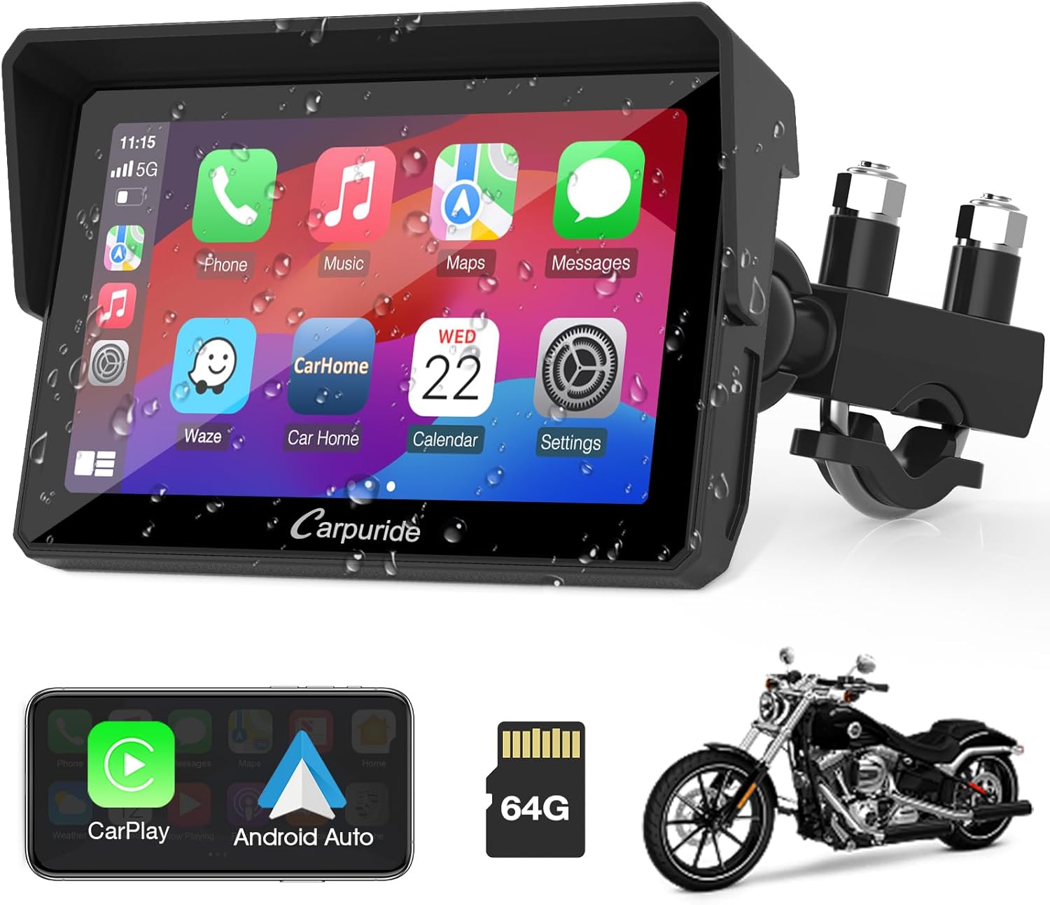 Detalle de Carpuride W502: 5" IP67 Waterproof CarPlay & Android Auto Portable Motorcycle Stereo
