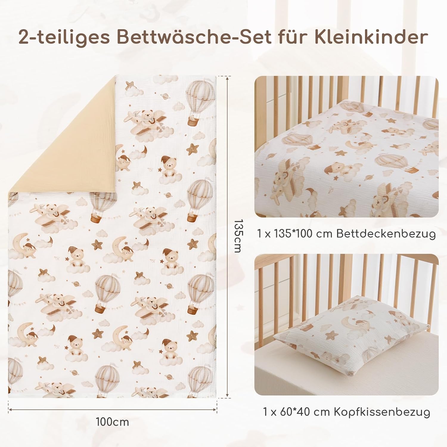 Detalle 2 de Yukkidds Musselin Kinderbettwäsche 100x135 – Bettbezug 100x135 cm + Kissenbezug 40x60 cm aus 100% Baumwolle (Brauner Ballon)