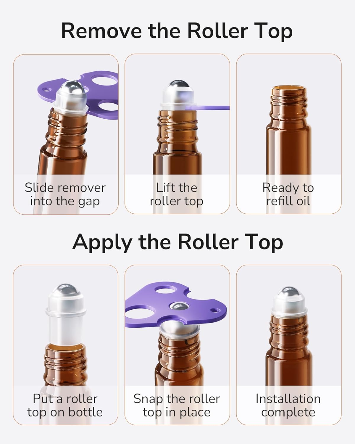 Detalle de ULG 8-Pack Essential Oil Roller Bottles (10ml) with Stainless Steel Rollers, Amber Glass