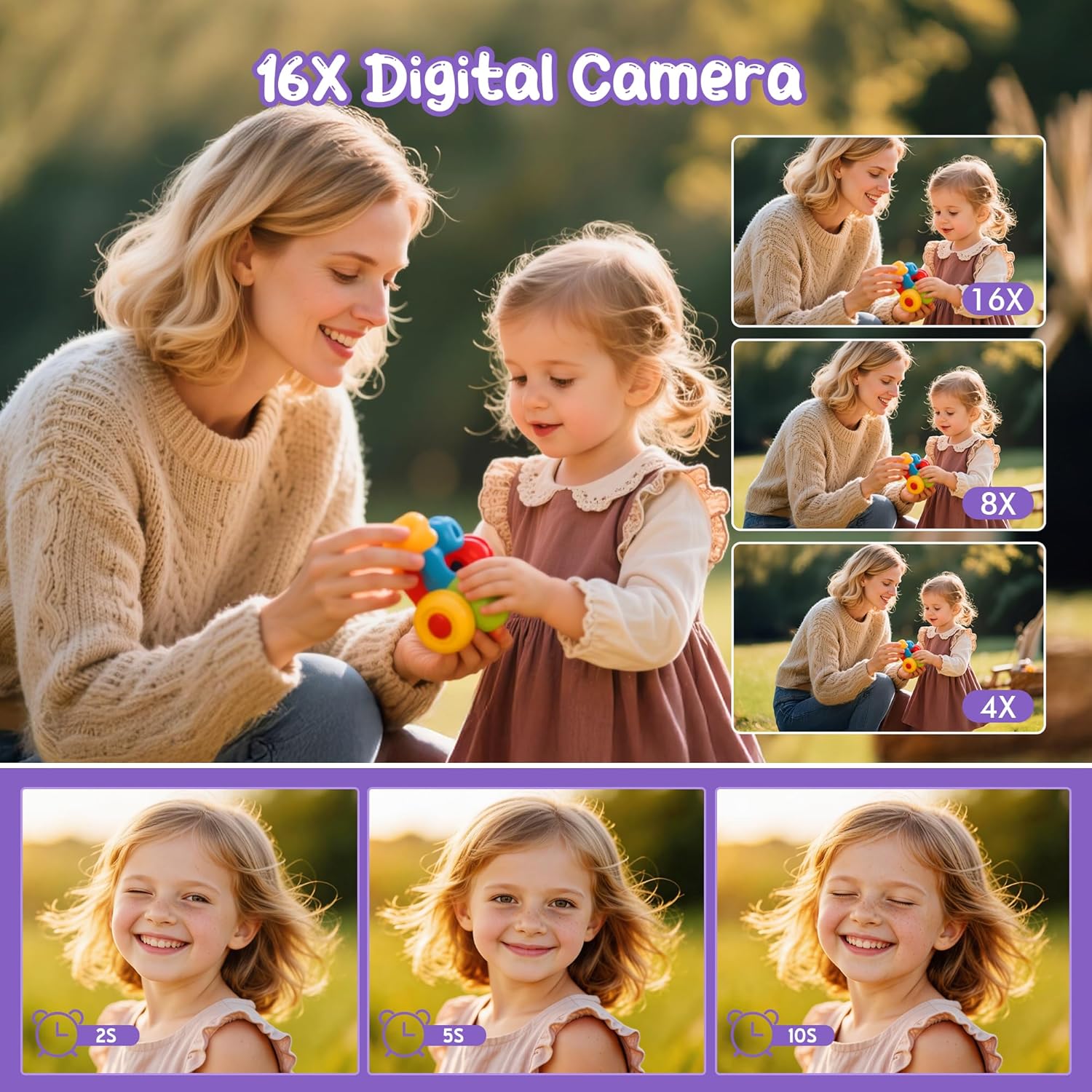 Thumbnail 2 de Fotocamera digitale 1080P 44MP compatta con schermo 2,4" e zoom 16X per vlogging e studio (viola)