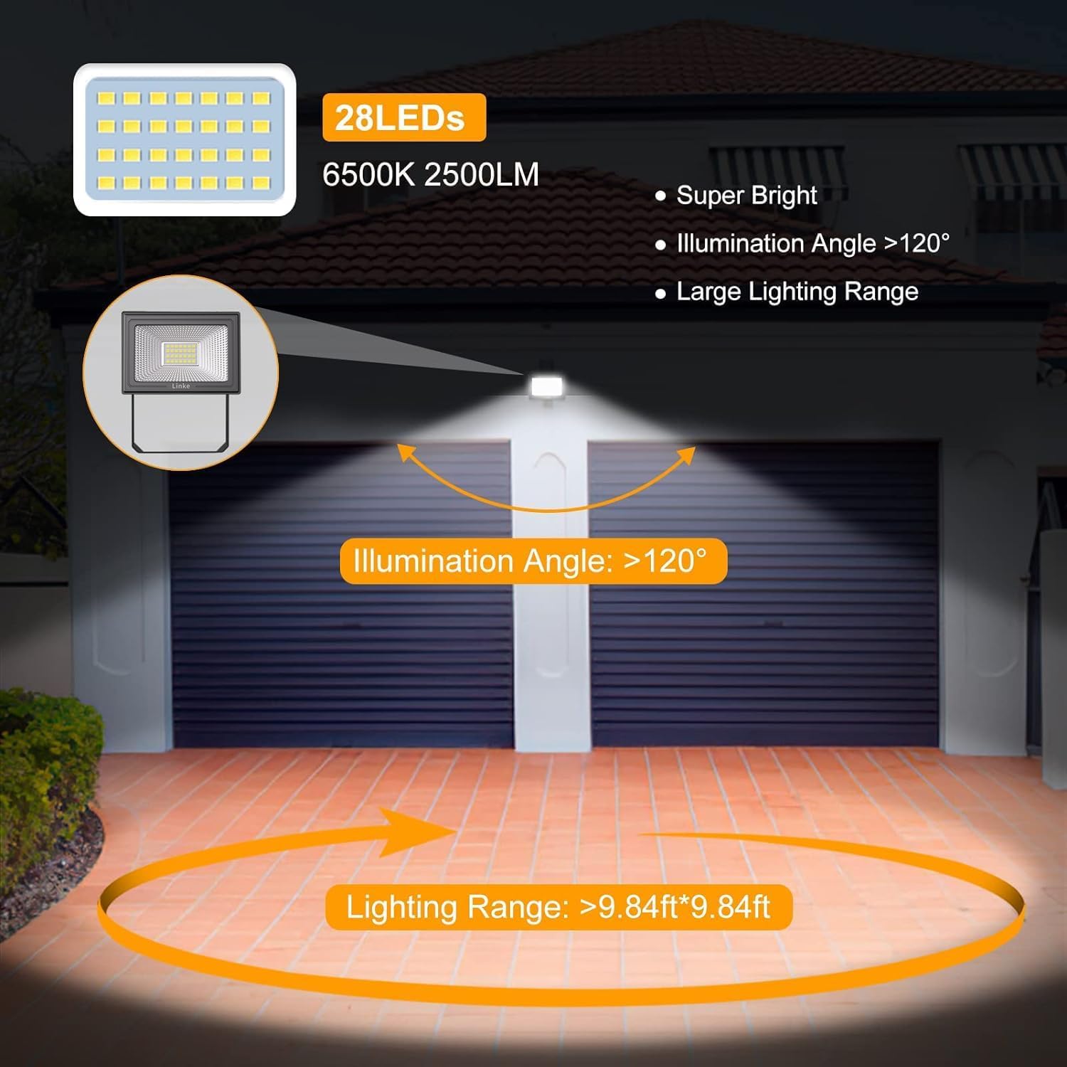 Detalle de Linke 25W Outdoor LED Floodlight (2 Pack) 2100LM, IP66, 6500K with Plug