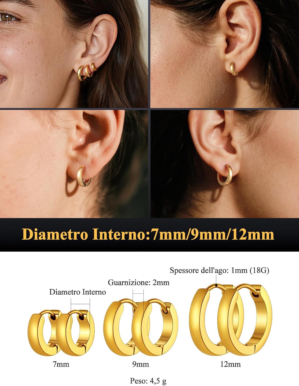 Detalle de U7 set orecchini cerchio huggie da uomo e donna: 3 paia in acciaio inox, diametri 7/9/12 mm (argento/oro/nero)