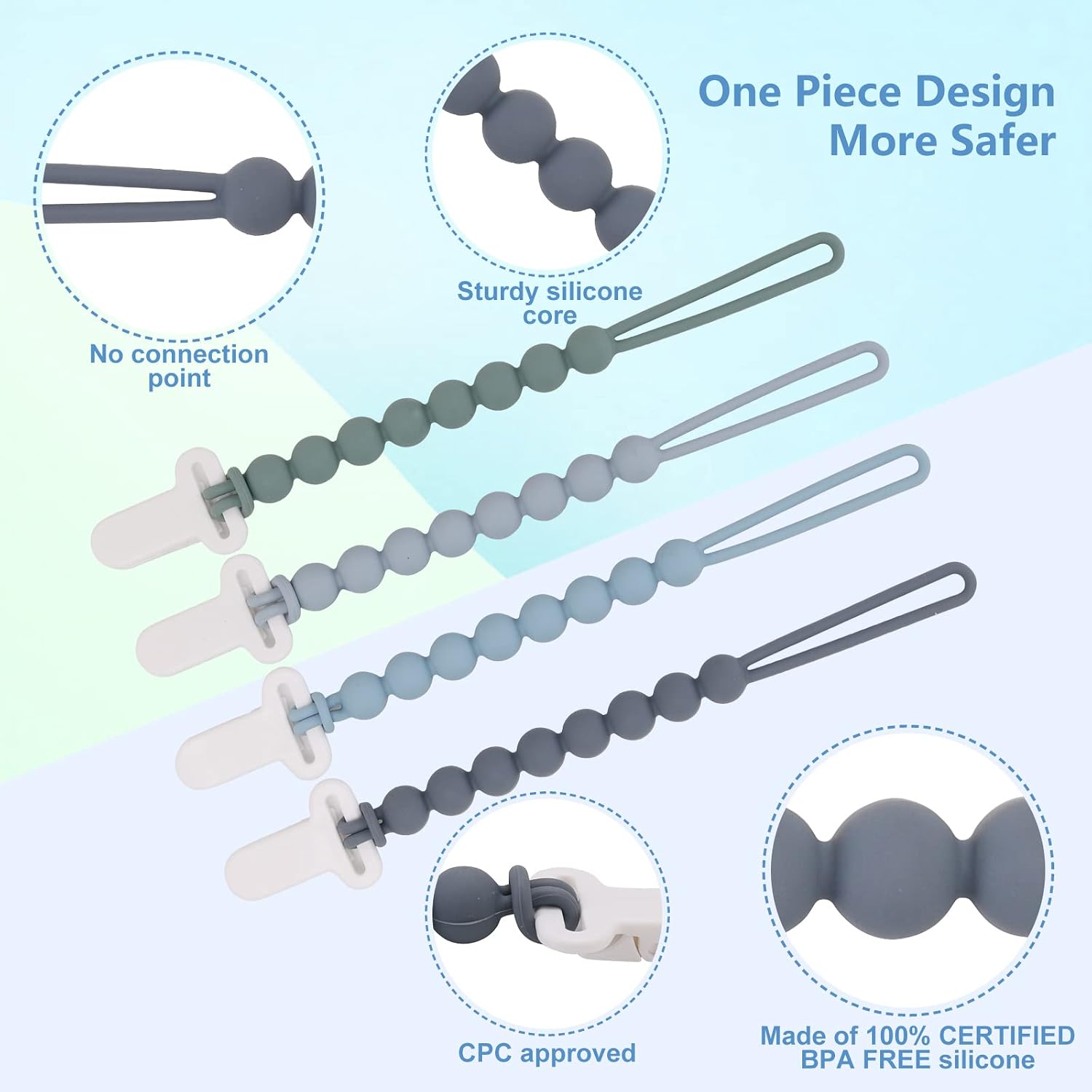 Detalle de Slotic B007A1 Silicone Pacifier Clips, 4-Pack with One-Piece Beads, Gray