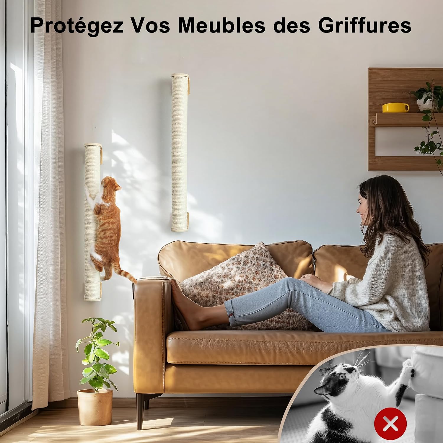 Detalle de FUKUMARU Griffoir pour Chat à 71 cm – Grattoir mural en sisal, poste vertical robuste