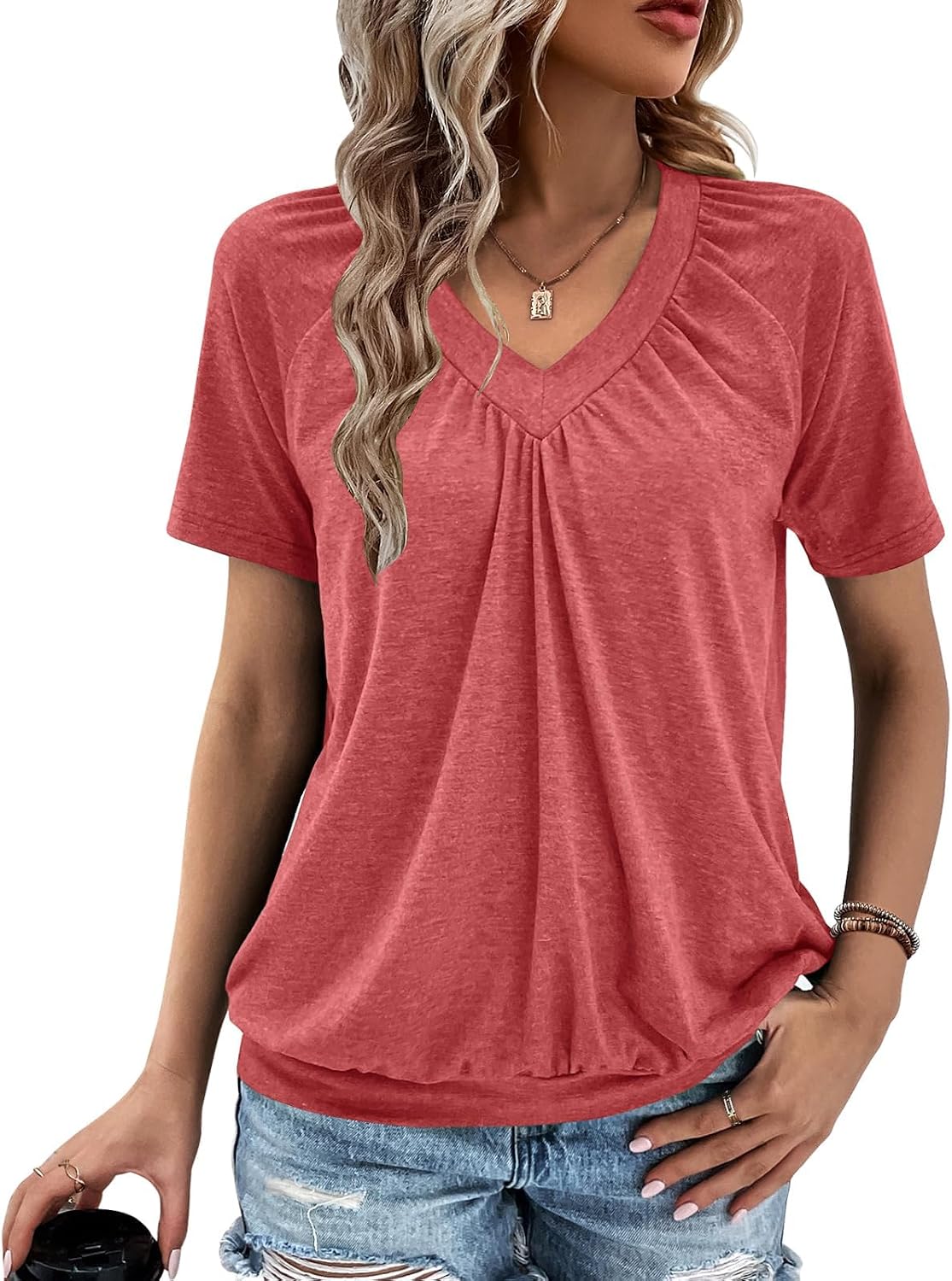 Detalle de Gihgoew Summer Tops for Women 2025 Short Sleeve V-Neck Ruched Tee