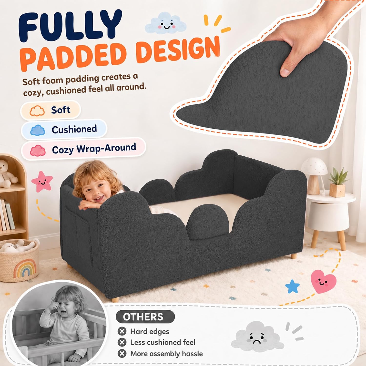Detalle de Ancelny Toddler Girl Floor Bed, Montessori Upholstered Bed with Removable Rails