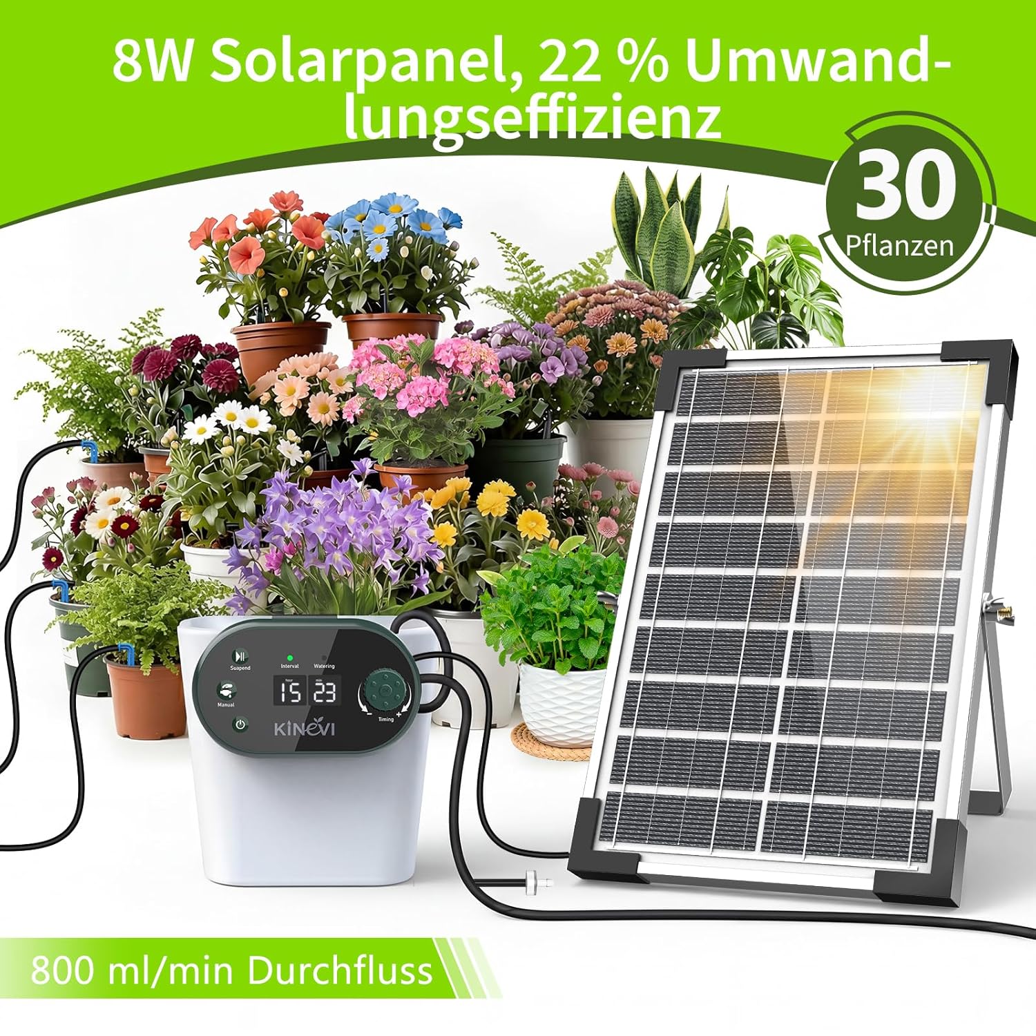 Thumbnail 1 de Solar Bewässerungssystem für Garten & Balkon mit Timer – 8W Set mit 30 m Schlauch und 22 Bewässerungsmodi