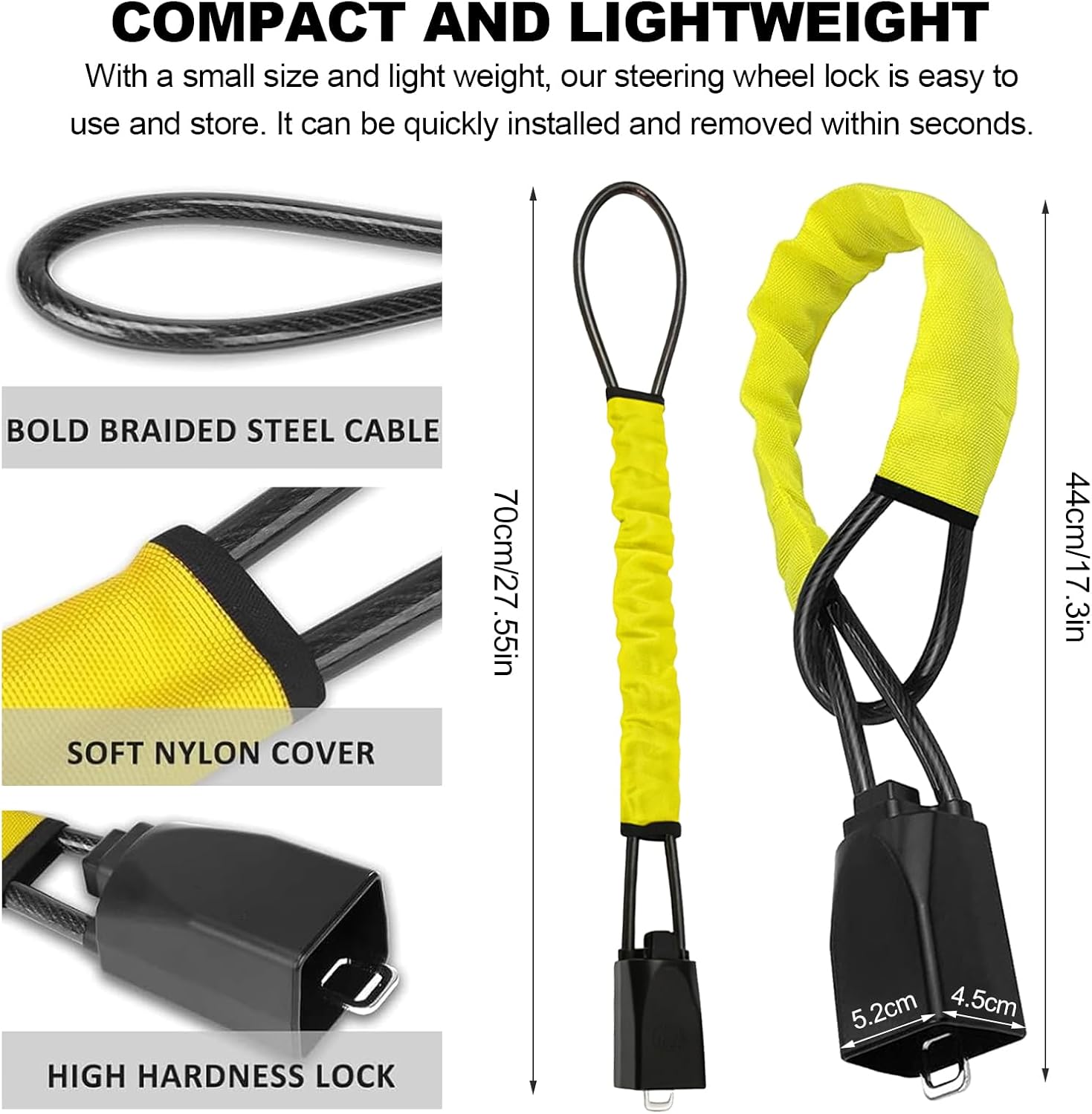 Detalle de Universal Car Steering Wheel Lock with High-Visibility Seat Belt Lock — 3 Keys, Upgraded Aluminium Head, 17" Cable, Yellow
