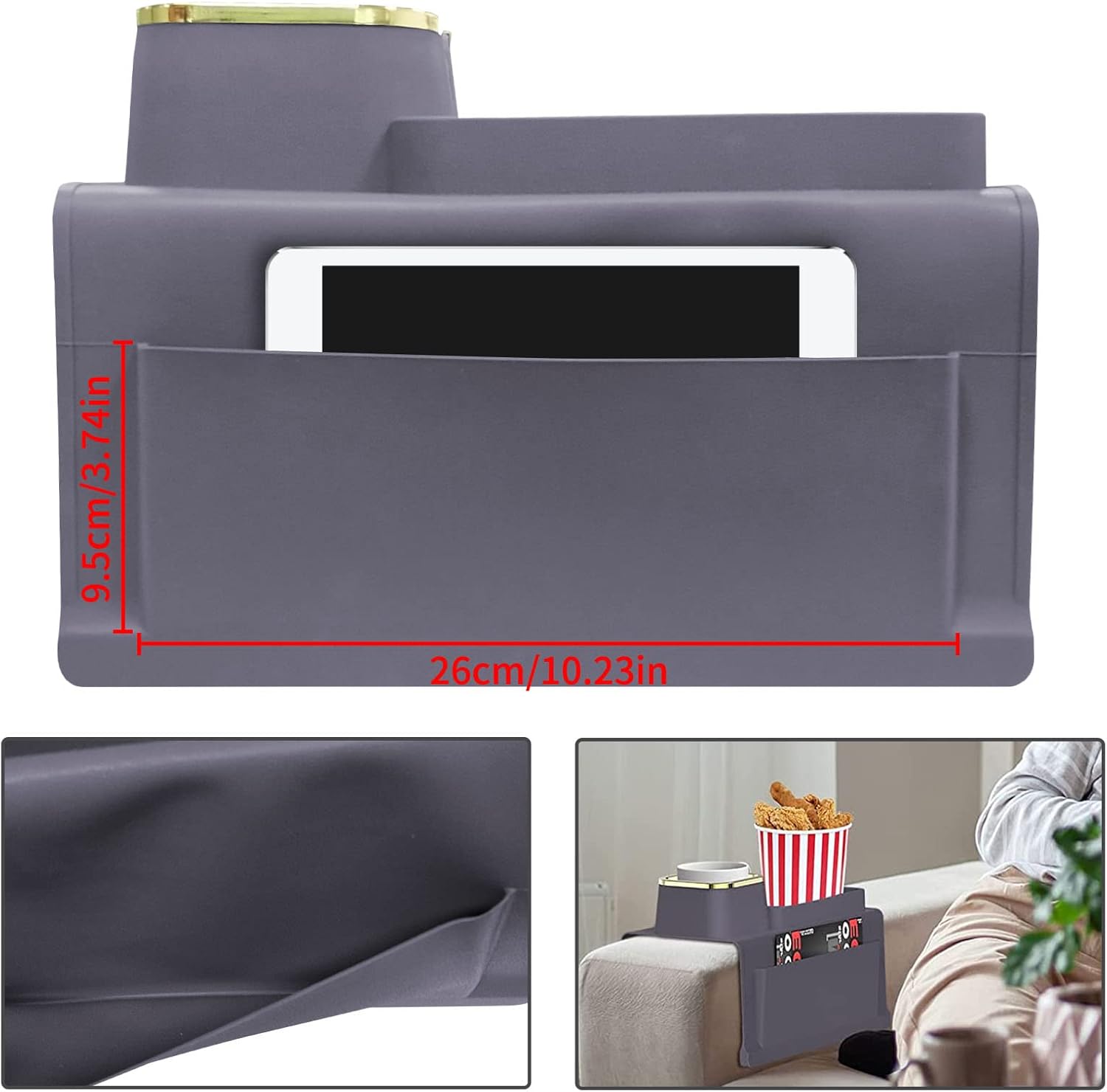 Detalle de IULONEE Large Capacity Sofa Armrest Tray with Anti-Slip Cup Holder